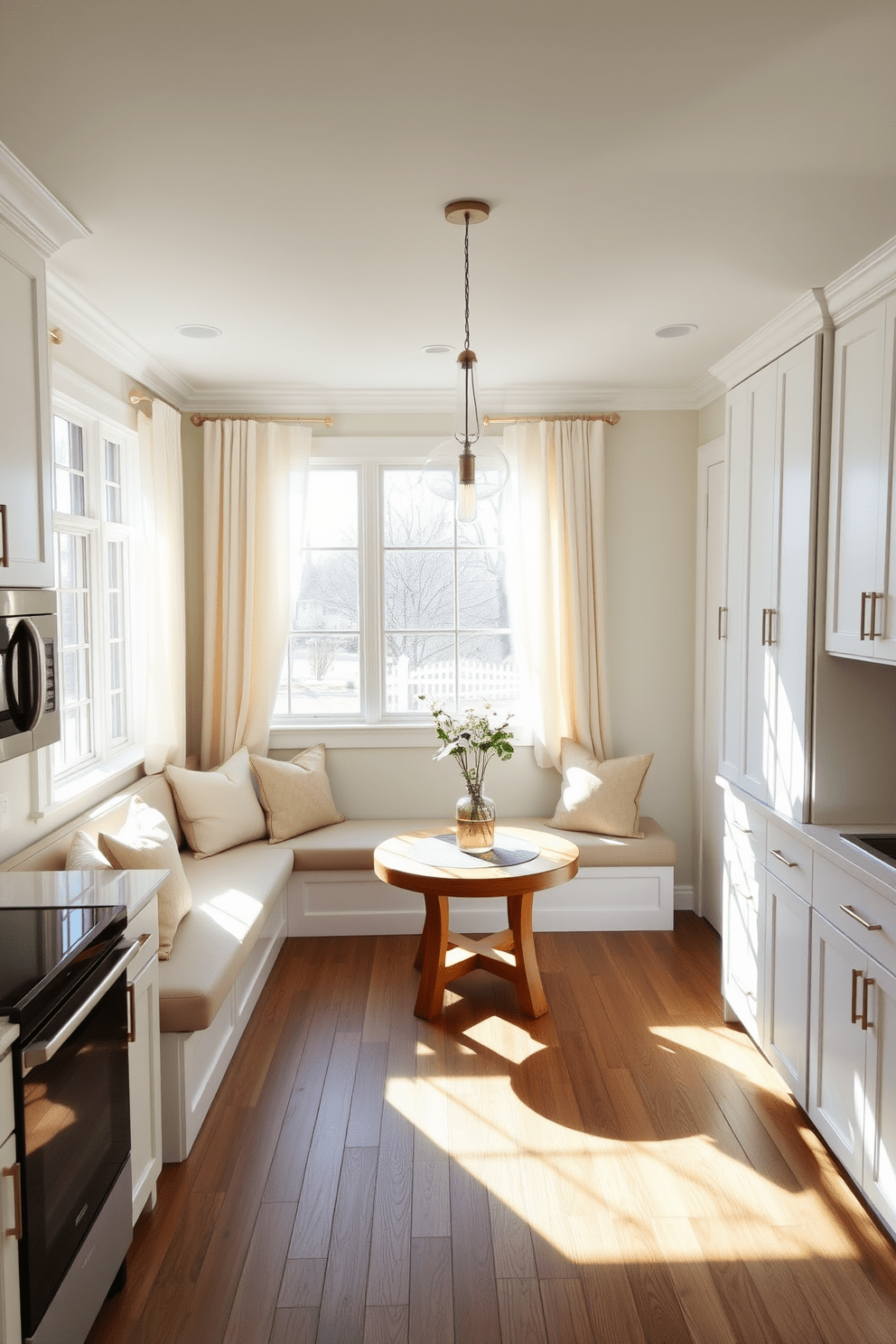 A cozy breakfast nook features built-in seating with plush cushions and a round wooden table at the center. Sunlight streams through large windows adorned with light, airy curtains, creating a warm and inviting atmosphere. The townhouse kitchen showcases sleek cabinetry in a soft white finish paired with a contrasting dark island. Modern appliances are seamlessly integrated, and decorative pendant lights hang above the island, adding a touch of elegance.