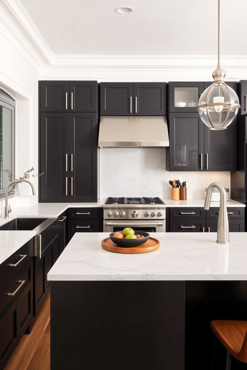 A modern townhouse kitchen featuring dark cabinetry that contrasts beautifully with light marble countertops. The space is enhanced by sleek stainless steel appliances and a large island with bar seating, creating an inviting atmosphere for family gatherings.