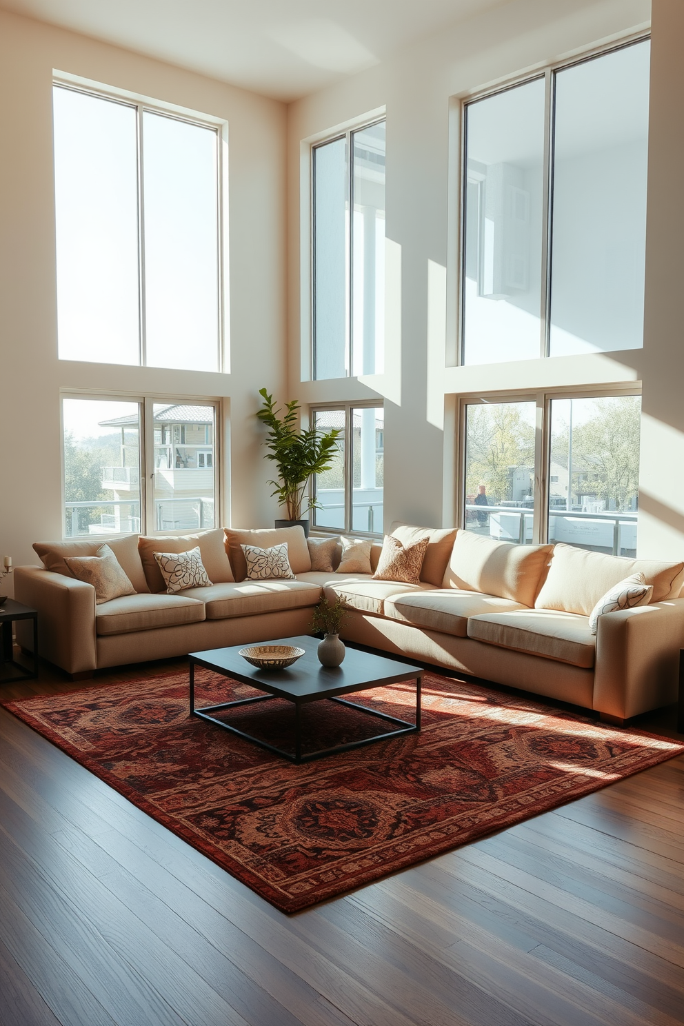 Spacious layout with a large sectional sofa that invites relaxation. The room features a warm color palette with soft lighting and a cozy area rug underneath. Floor-to-ceiling windows allow natural light to flood the space, creating an airy atmosphere. A stylish coffee table sits at the center, complemented by decorative cushions on the sofa.