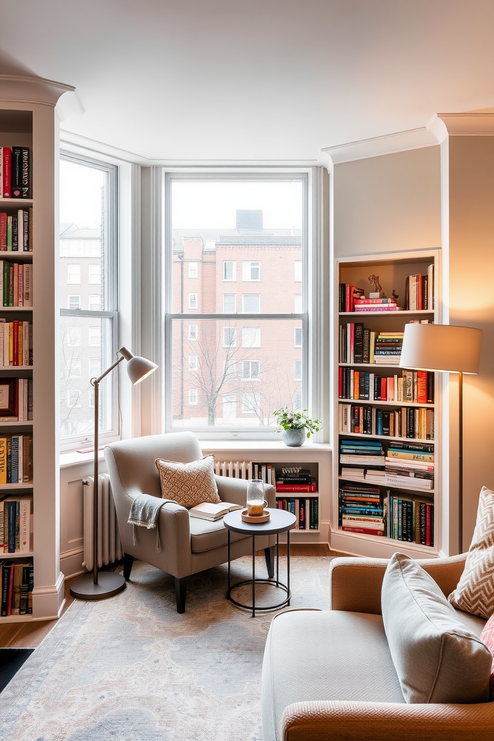 Create a cozy reading nook by a large window in a townhouse living room. Incorporate a plush armchair in a soft fabric, paired with a small side table for books and a warm cup of tea. Add a built-in bookshelf along one wall, filled with an array of colorful books and decorative items. Use soft, ambient lighting from a stylish floor lamp to create an inviting atmosphere for relaxation.