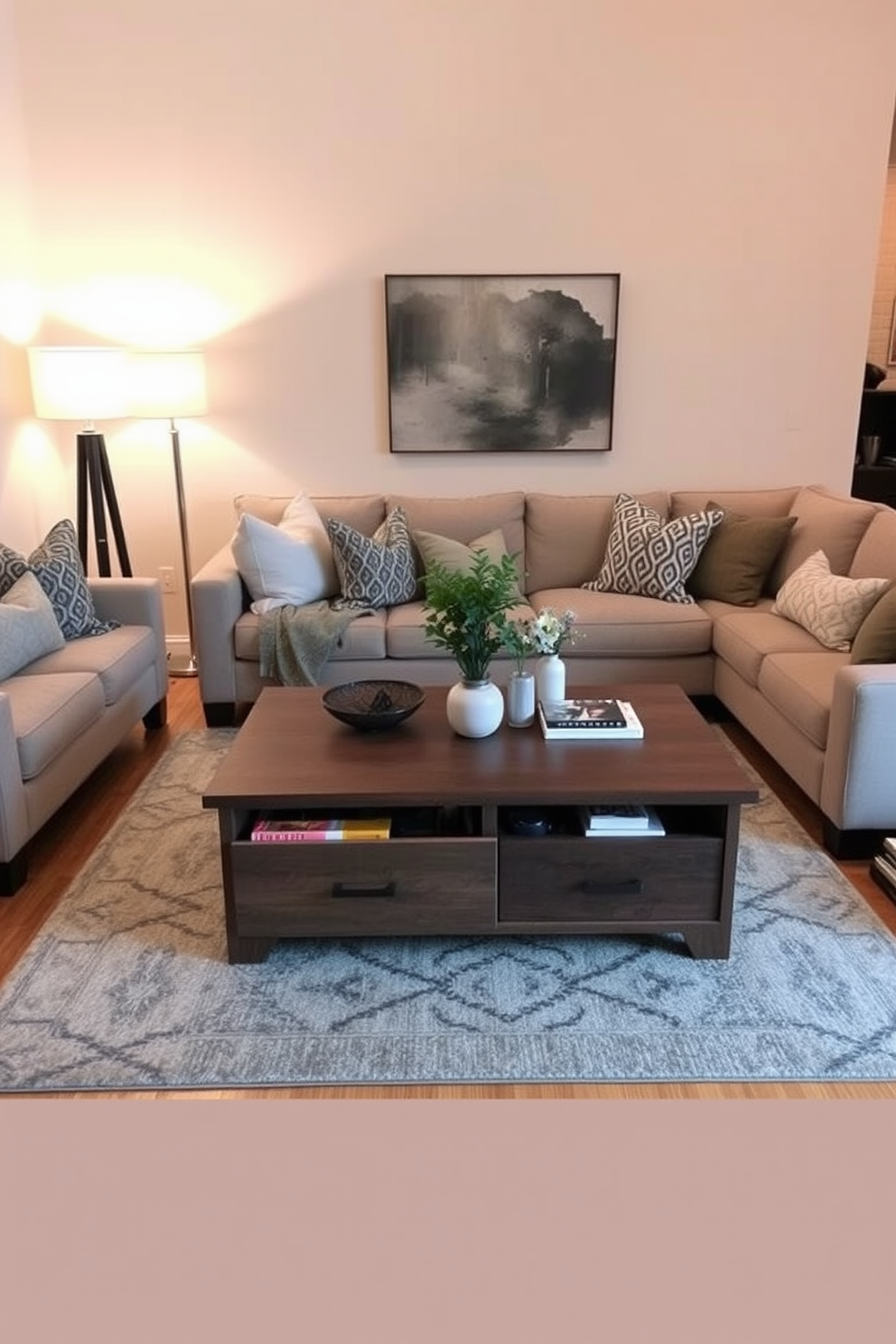 A functional coffee table with built-in storage is the centerpiece of a stylish townhouse living room. Surrounding the table, a plush sectional sofa in a neutral tone complements the warm wooden flooring and enhances the cozy atmosphere. Soft, ambient lighting from strategically placed floor lamps creates an inviting glow. Decorative cushions in varying textures and patterns add visual interest, while a large area rug anchors the seating arrangement.