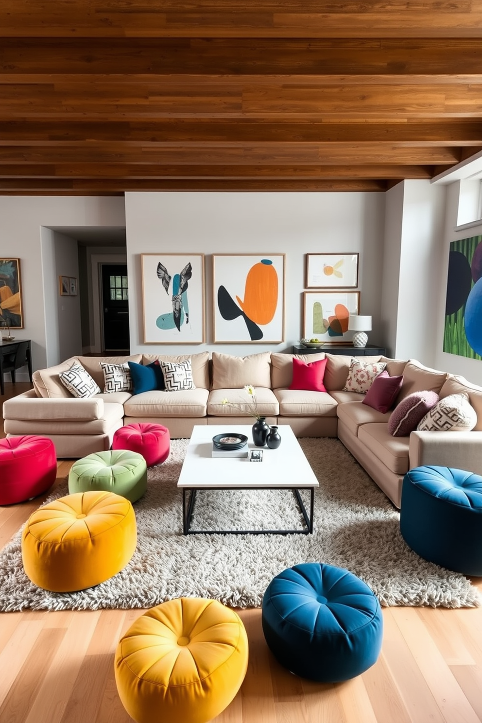 A stylish townhouse living room features a cozy seating arrangement with a large sectional sofa in a neutral tone. Around the sofa, several colorful poufs are scattered, providing flexible seating options for guests. The walls are adorned with modern art pieces that add a vibrant touch to the space. A sleek coffee table sits in the center, complemented by a plush area rug that defines the seating area.