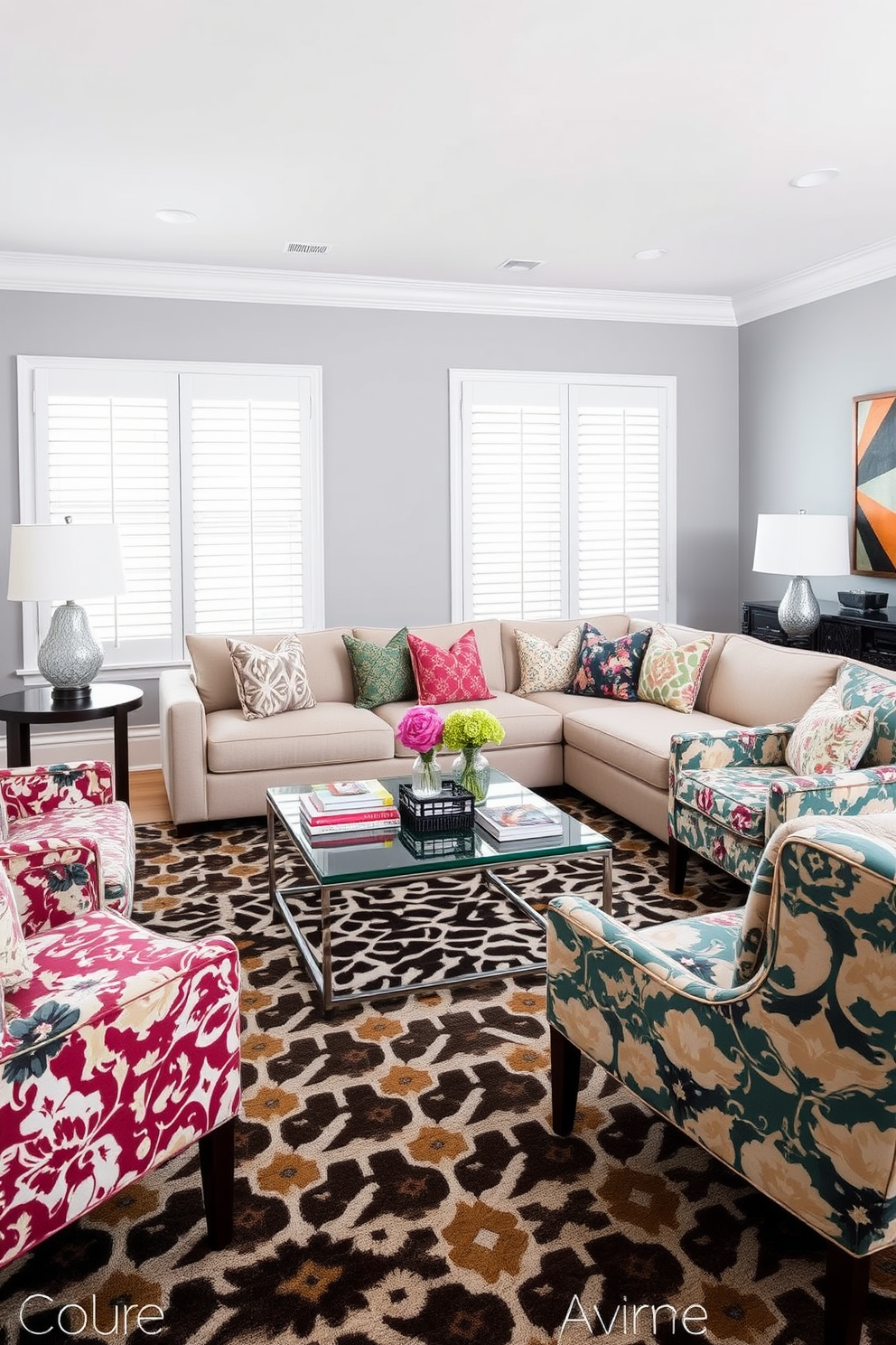 A stylish townhouse living room featuring a mix of geometric and floral patterns in the upholstery and throw pillows. The walls are painted in a soft gray, while a large area rug with a bold pattern anchors the seating arrangement. A contemporary sectional sofa in a neutral tone is complemented by a pair of accent chairs upholstered in a vibrant floral print. A sleek coffee table with a glass top sits in the center, surrounded by a collection of patterned coasters and decorative books.