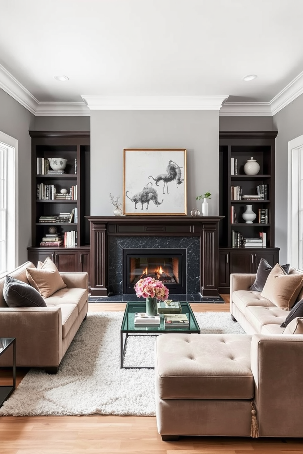 A stylish fireplace serves as the focal point of the townhouse living room. The fireplace is framed by elegant built-in shelves filled with books and decorative items. Comfortable seating is arranged around the fireplace, featuring a plush sectional sofa in a neutral tone. A soft area rug lies beneath the seating, adding warmth and texture to the space. Large windows allow natural light to flood in, enhancing the airy feel of the room. The walls are painted in a soft gray hue, creating a sophisticated backdrop for the carefully curated decor.