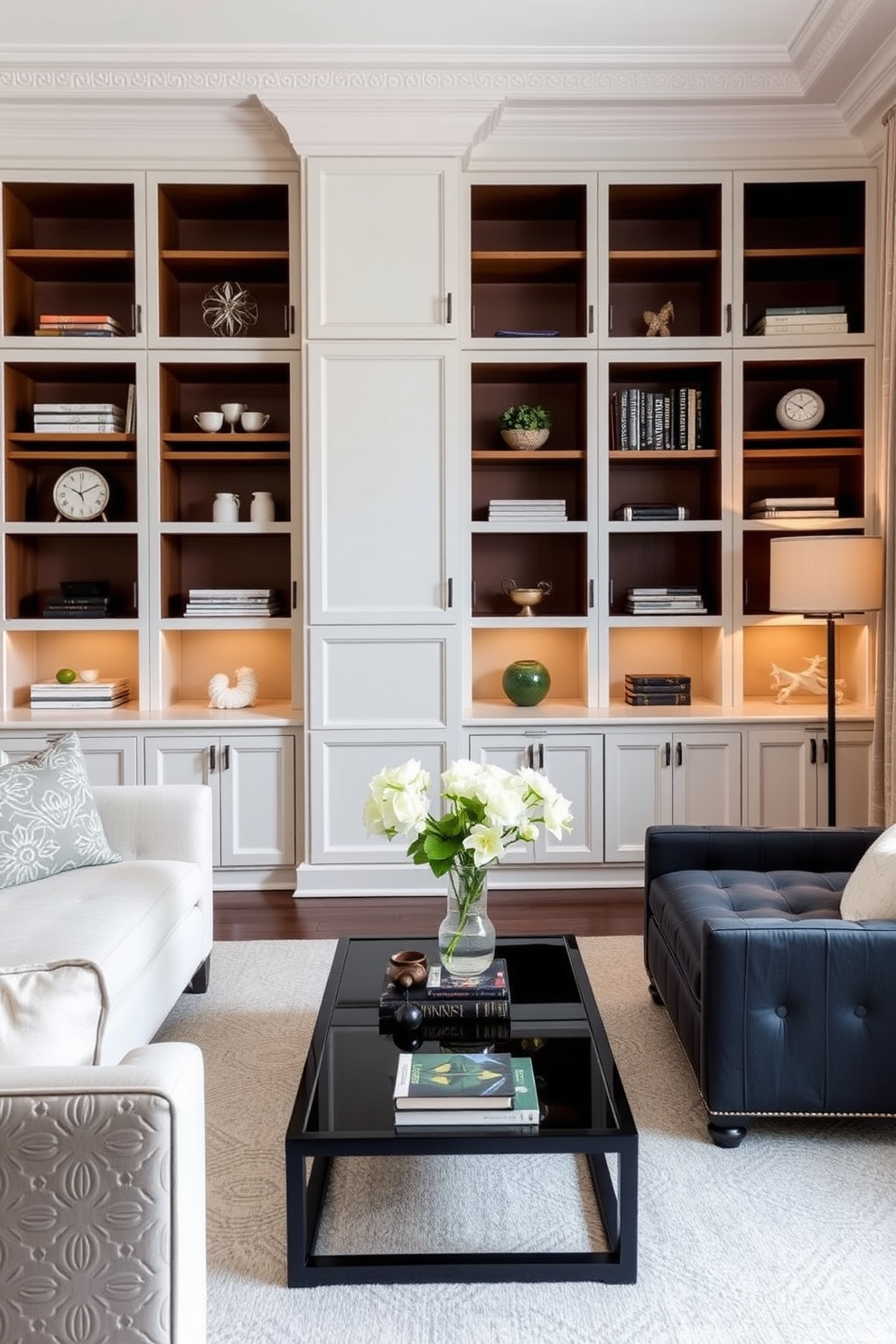 A stylish townhouse living room featuring built-in cabinetry designed for organized storage. The cabinetry is painted in a soft white finish and seamlessly integrates with the surrounding decor, providing both functionality and elegance.