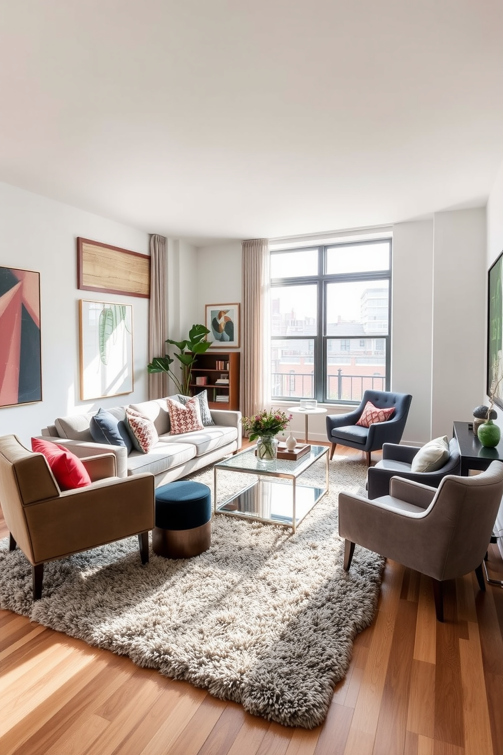 A stylish townhouse living room featuring a plush area rug that defines the seating area, which includes a modern sectional sofa in a neutral tone. A glass coffee table sits atop the rug, surrounded by accent chairs that add a pop of color and texture to the space. The walls are adorned with contemporary art pieces that complement the overall color scheme, while large windows allow natural light to flood the room. A cozy reading nook is created in one corner with a comfortable armchair and a small bookshelf, enhancing the inviting atmosphere.