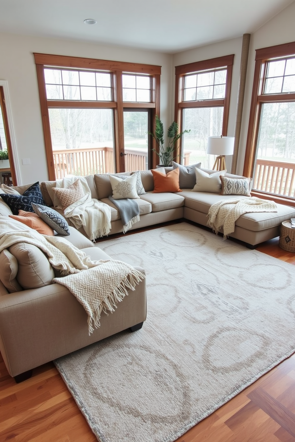 Cozy throw blankets draped over a plush sectional sofa add warmth and texture to the living room. A large area rug in soft neutral tones anchors the space, complementing the warm wood accents throughout the townhouse. Large windows allow natural light to flood the room, creating an inviting atmosphere. Decorative cushions in varying patterns and colors enhance the comfort and style of the seating area.