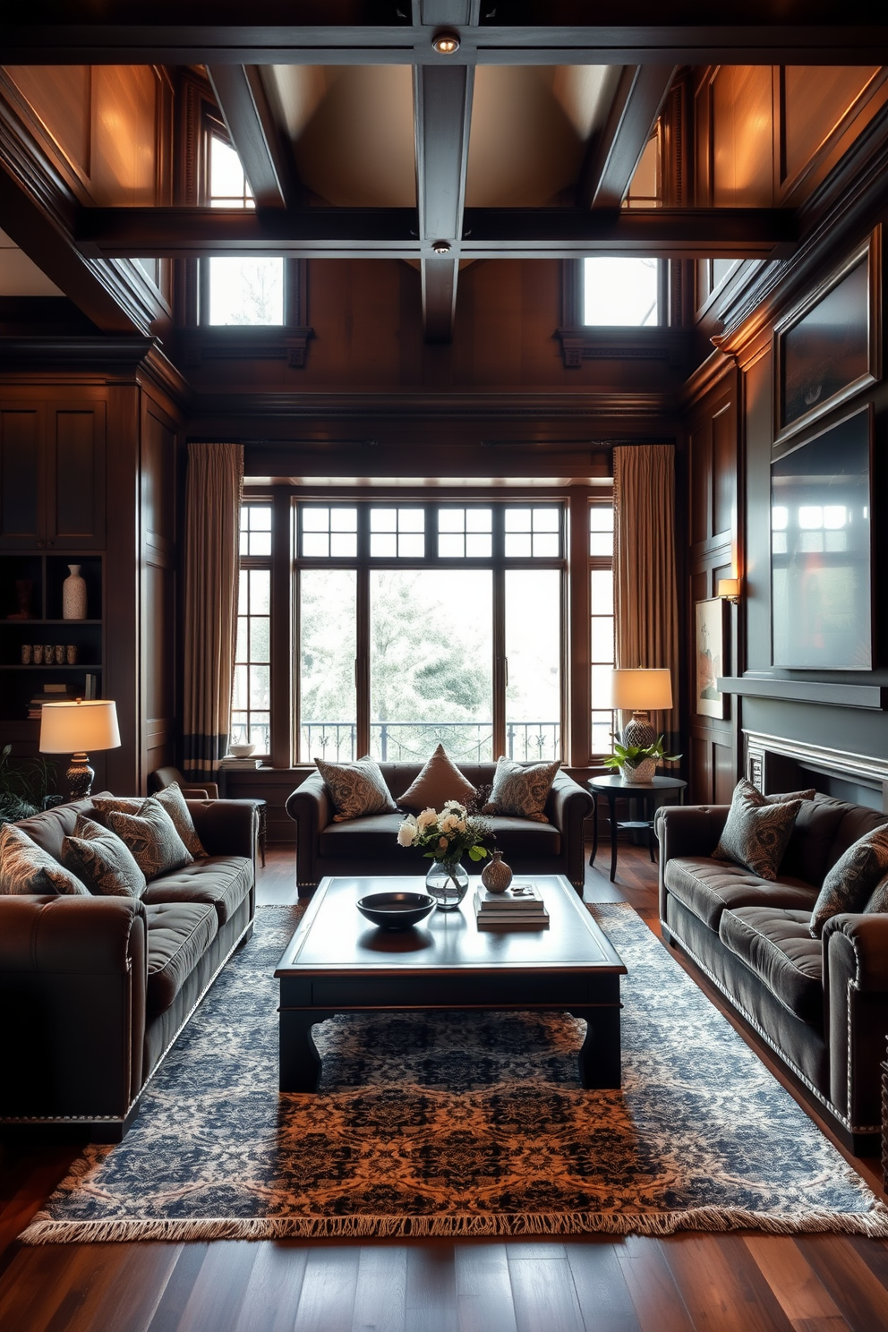 A cozy townhouse living room featuring dark wood accents that create a rich and inviting atmosphere. The space is adorned with plush seating in deep hues, complemented by warm lighting that highlights the intricate woodwork. A large, dark wood coffee table sits in the center, surrounded by a mix of textured throw pillows and a soft area rug. Floor-to-ceiling windows allow natural light to flood the room, enhancing the warmth of the wood elements.