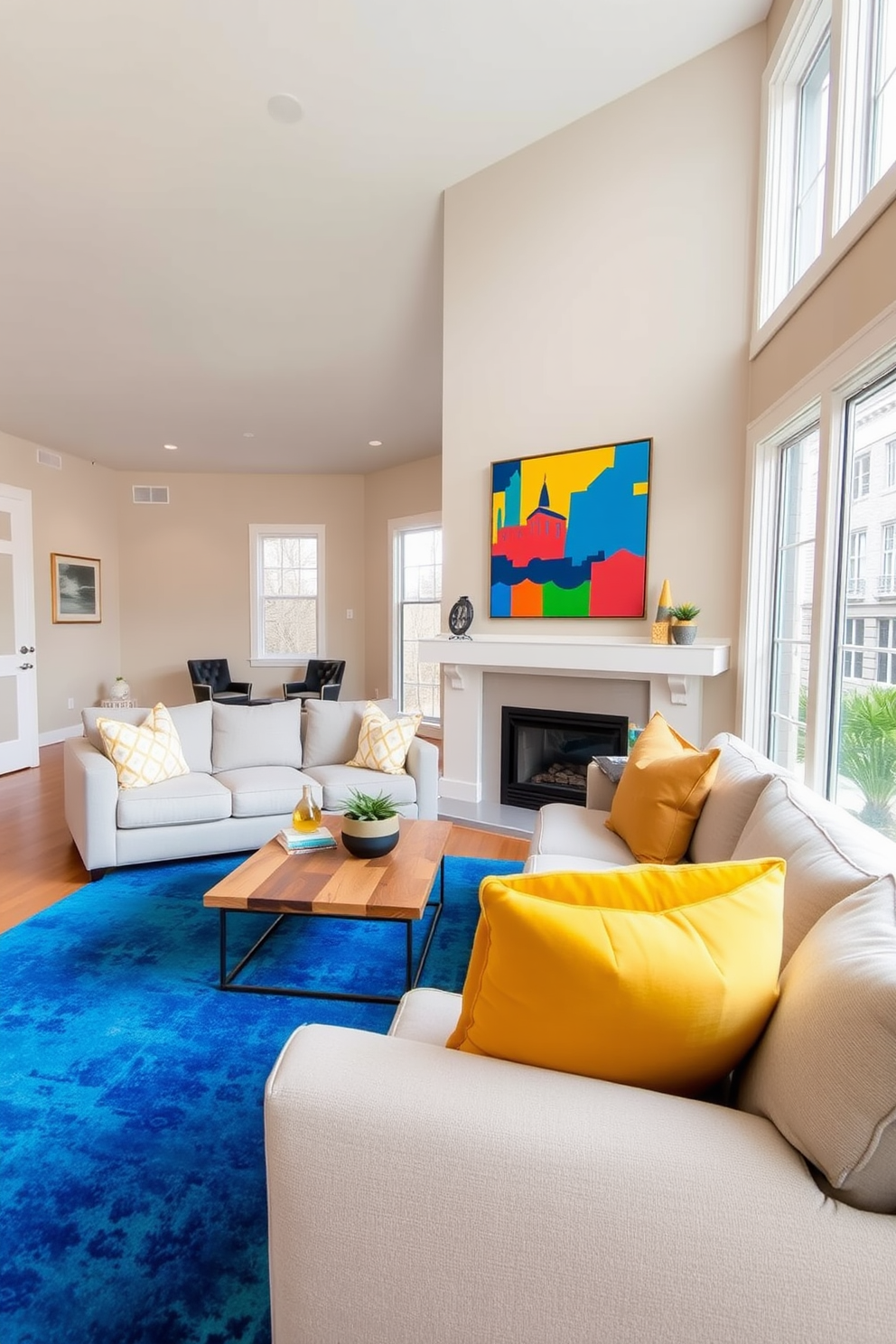 A spacious townhouse living room with a neutral color palette featuring soft beige walls and a light gray sectional sofa. Bold accents such as a vibrant blue area rug and bright yellow throw pillows add a pop of color, creating a welcoming and stylish atmosphere. Large windows allow natural light to flood the space, highlighting the sleek coffee table made of reclaimed wood. A statement art piece in bold colors hangs above the fireplace, serving as a focal point that ties the room together.