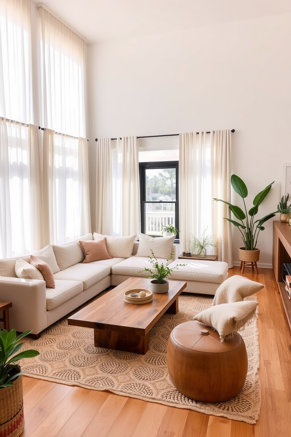 A bright and inviting townhouse living room featuring light-colored curtains that gently flutter in the breeze. The space is adorned with a plush sectional sofa in soft neutral tones, complemented by a large coffee table made of reclaimed wood at the center. Natural light floods the room through the expansive windows, enhancing the airy vibe and illuminating the carefully curated decor. A cozy area rug anchors the seating arrangement, while potted plants add a touch of greenery to the overall design.