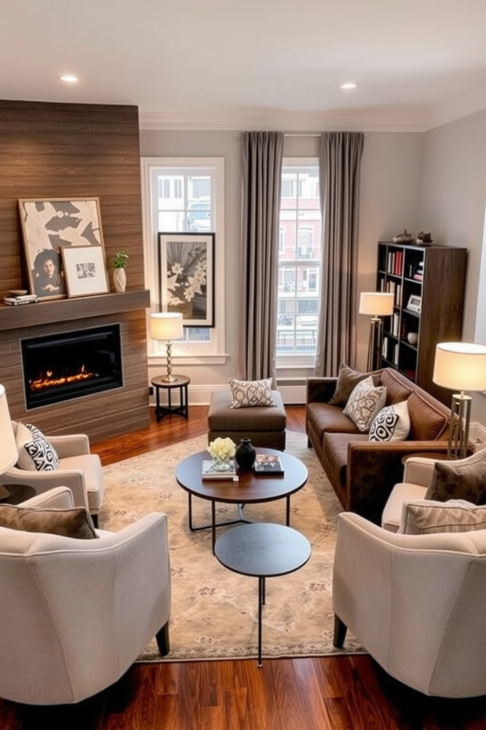 Create a cozy townhouse living room with a sectional sofa positioned to face a modern fireplace. Add a round coffee table in the center, surrounded by plush armchairs to create an inviting conversation area. Incorporate a stylish bookshelf against one wall, filled with books and decorative items. Use a soft area rug to define the seating zone and introduce warm lighting with floor lamps in each corner.