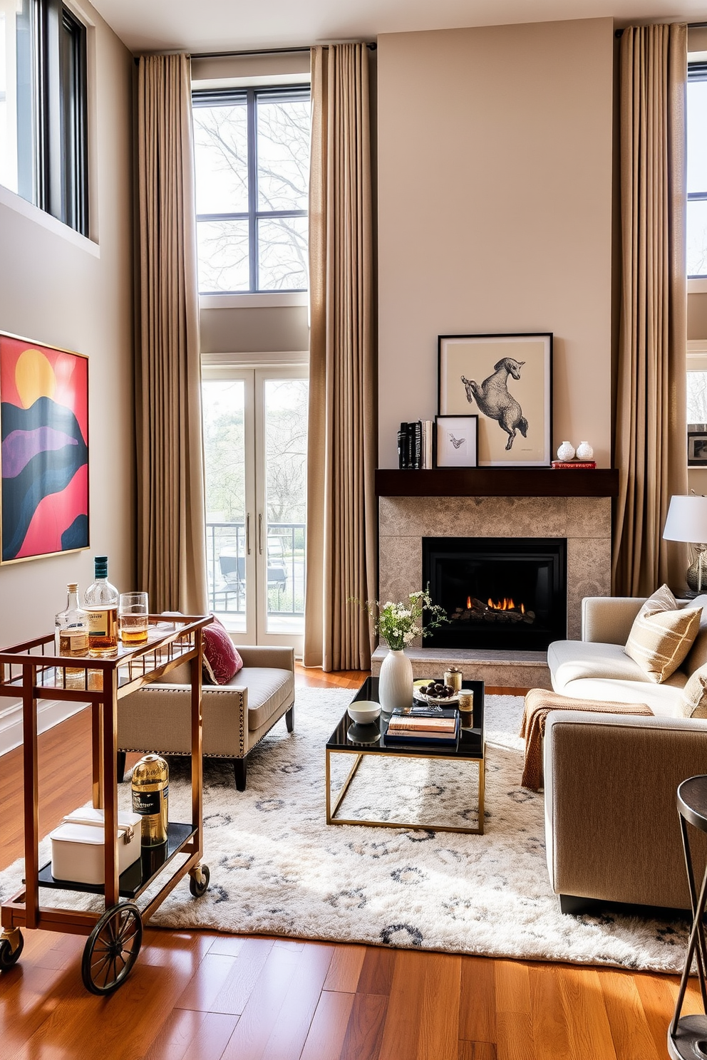 A stylish townhouse living room featuring a sleek bar cart positioned near a plush sectional sofa. The room is adorned with warm neutral tones, accented by vibrant artwork on the walls and a chic coffee table in the center. Large windows allow natural light to flood the space, highlighting the elegant drapes and soft area rug beneath. A modern fireplace serves as a focal point, complemented by decorative shelves displaying curated books and unique decor items.