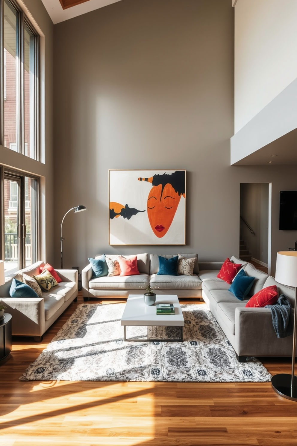 A stylish townhouse living room features oversized artwork as a focal point, creating a dramatic effect on the walls. The space is adorned with a plush sectional sofa in a neutral tone, complemented by vibrant throw pillows and a sleek coffee table in the center. Natural light floods the room through large windows, enhancing the warm wood tones of the flooring and furniture. A cozy area rug anchors the seating arrangement, while a modern floor lamp adds an inviting glow to the ambiance.