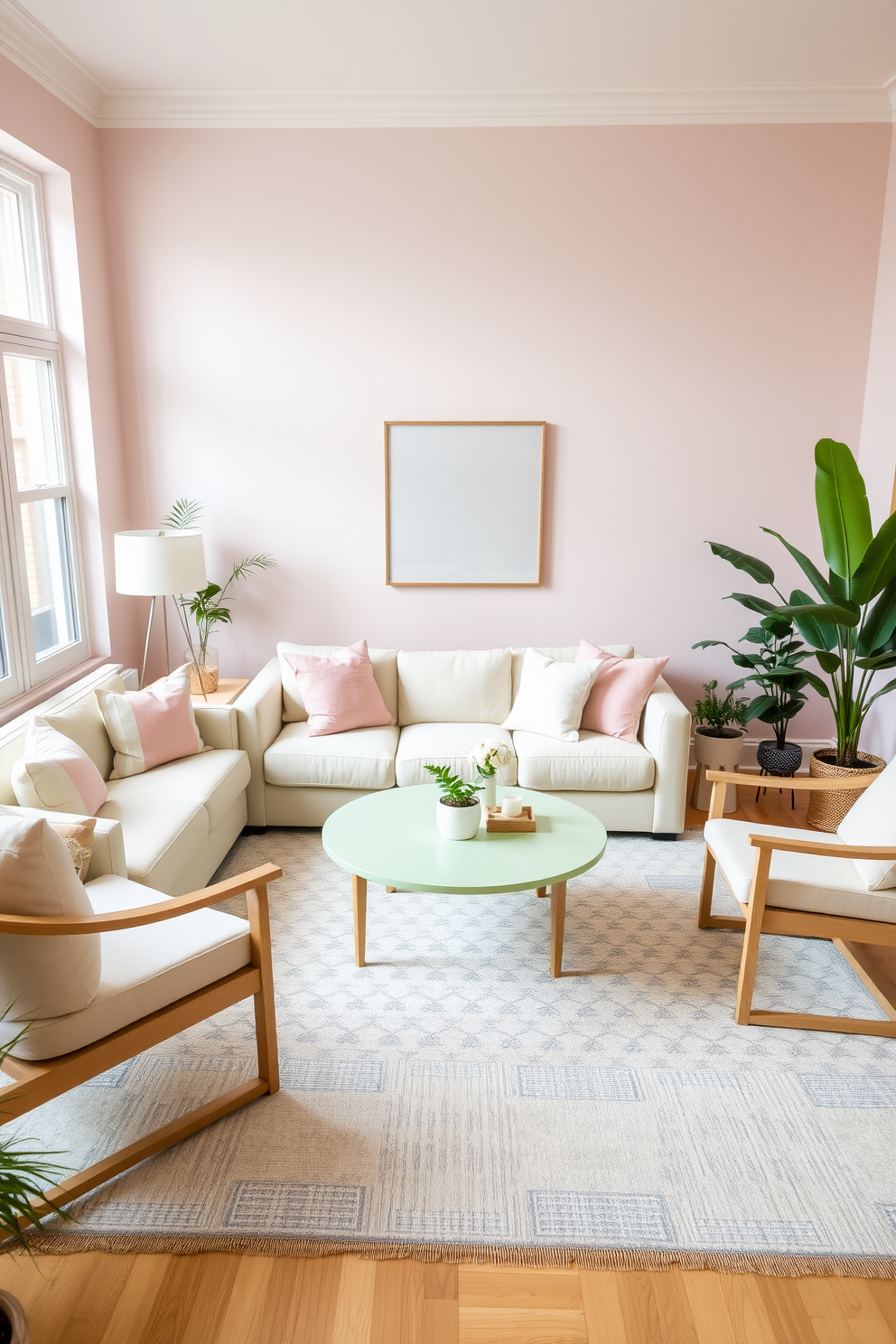 A cozy townhouse living room filled with soft pastel colors creates a calming atmosphere. The walls are painted in a light blush hue, complemented by a plush cream sofa adorned with pastel throw pillows. A round coffee table in a pale mint green sits at the center, surrounded by light wood accent chairs. A large area rug with subtle geometric patterns adds warmth, while potted plants bring a touch of nature indoors.