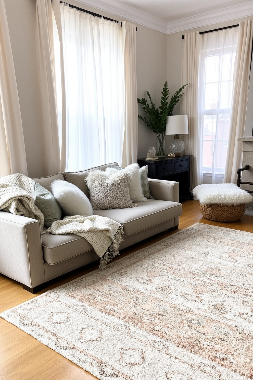 A cozy townhouse living room features layered textiles that create an inviting atmosphere. Plush throw pillows in varying textures adorn a deep-seated sofa, while a soft knitted blanket drapes casually over the armrest. A large area rug anchors the space, adding warmth and comfort underfoot. Sheer curtains frame the windows, allowing natural light to filter through and enhance the inviting ambiance.