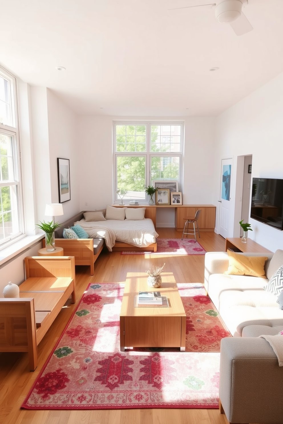 A stylish townhouse living room featuring multi-functional furniture that maximizes space efficiency. The room includes a sleek sofa bed that seamlessly transforms into a guest bed and a coffee table with hidden storage compartments. Bright, airy walls painted in soft white complement the warm wood tones of the furniture. Large windows allow natural light to flood the space, enhancing the cozy atmosphere while a colorful area rug adds a pop of color.