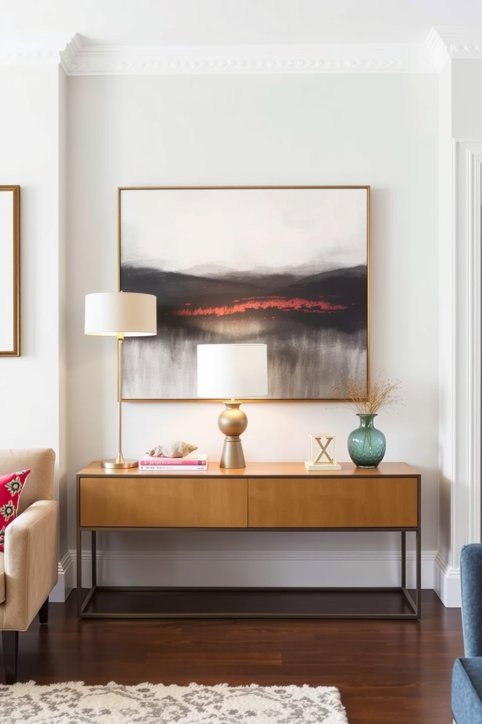 A stylish townhouse living room featuring a sleek console table placed against a wall. The console table is adorned with decorative objects and a stylish lamp, complemented by a plush sofa and vibrant throw pillows. Soft lighting creates an inviting atmosphere, while a large piece of artwork hangs above the console table. The room is accented with a cozy area rug and a mix of modern and vintage decor elements.