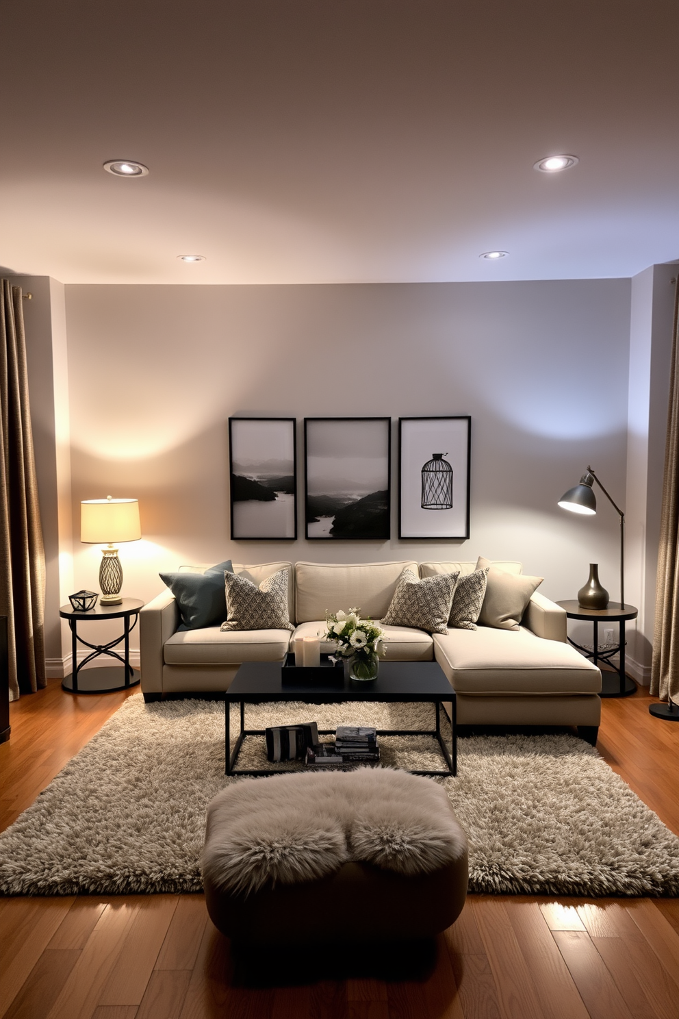 Cozy townhouse living room featuring layered lighting elements. Soft ambient lights illuminate the space from recessed fixtures in the ceiling, while stylish floor lamps provide warm accents in the corners. The main seating area includes a plush sectional sofa adorned with textured throw pillows. A chic coffee table sits at the center, surrounded by a plush area rug that adds warmth to the hardwood floor.