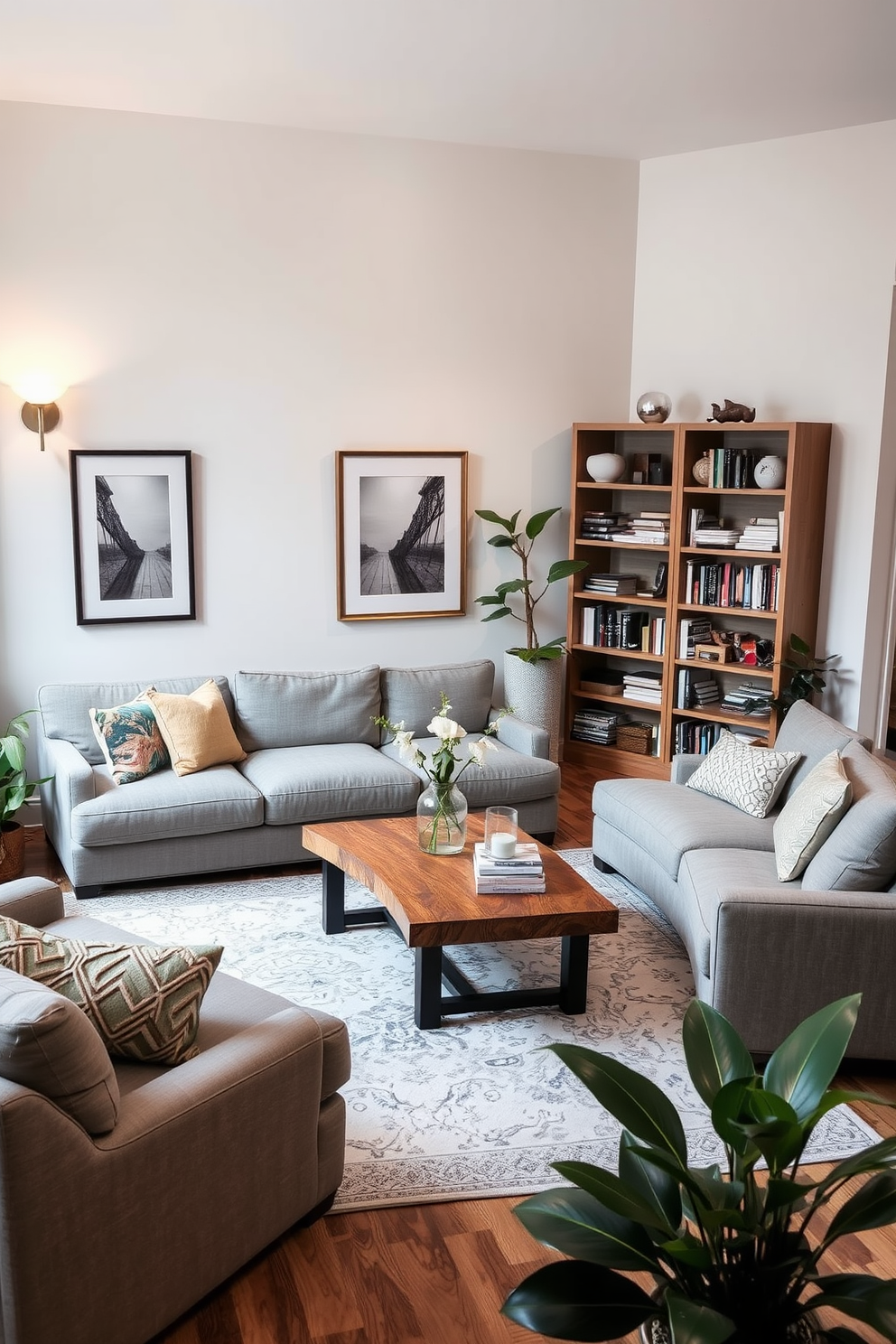 A cozy townhouse living room features a plush sectional sofa in a soft gray fabric, complemented by a rustic wooden coffee table at the center. The walls are adorned with framed artwork, and two elegant wall sconces provide warm ambient lighting, enhancing the inviting atmosphere. A large area rug anchors the seating area, while a tall bookshelf filled with books and decorative items adds character to the space. Potted plants in the corners bring a touch of nature indoors, creating a harmonious blend of comfort and style.