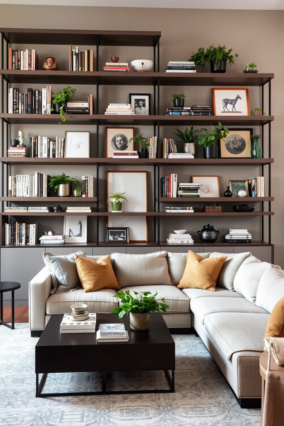 A modern townhouse living room featuring open shelving elegantly arranged for decorative displays. The shelves are filled with a curated selection of books, plants, and art pieces, creating a warm and inviting atmosphere. The walls are painted in a soft gray tone, enhancing the natural light that floods the space. A plush sectional sofa in a neutral fabric is positioned opposite a stylish coffee table, completing the cozy yet sophisticated look.