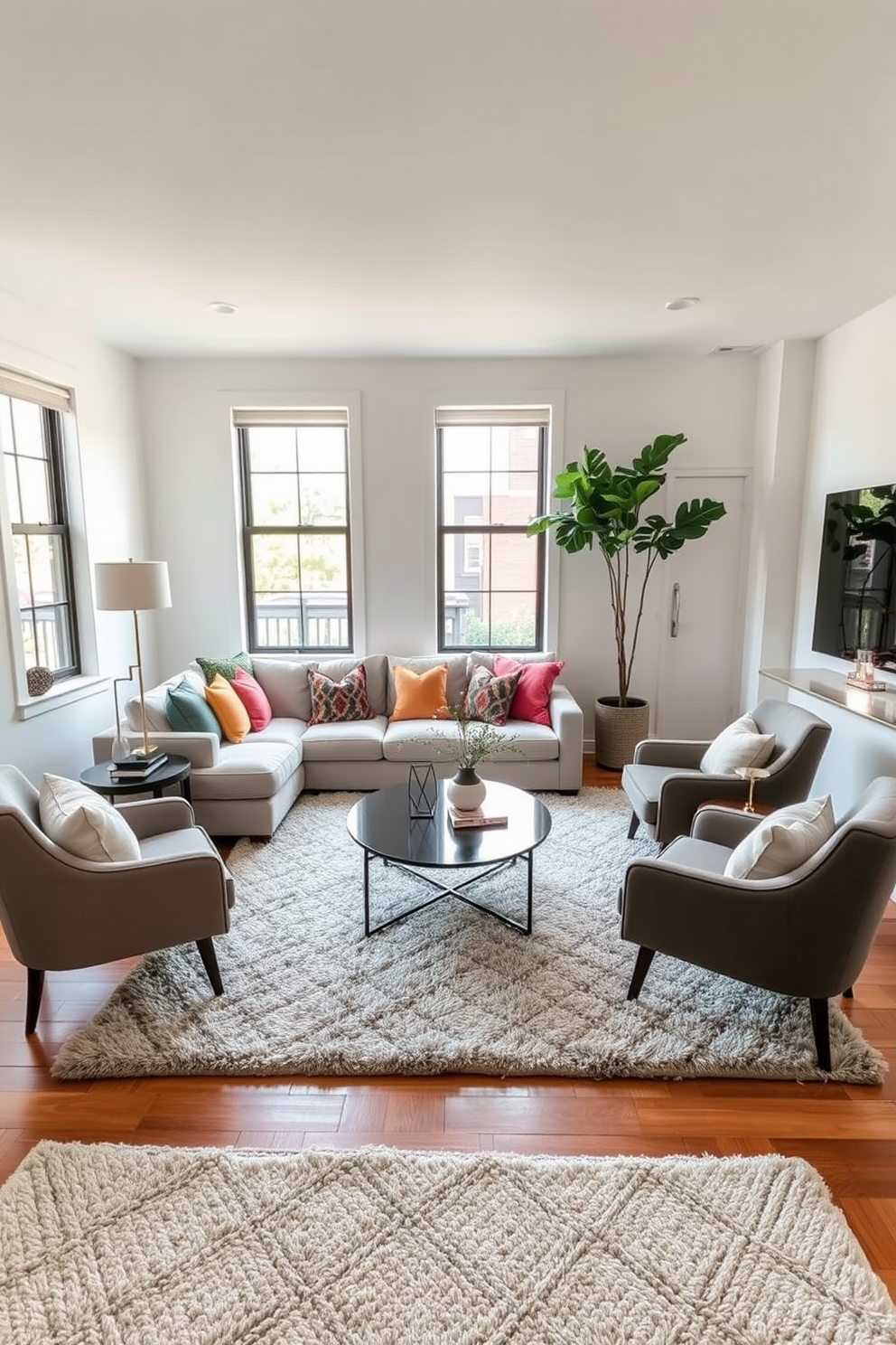 A cozy townhouse living room features a plush textured rug that adds warmth and comfort to the space. The rug is layered over hardwood flooring, complementing a stylish sectional sofa adorned with colorful throw pillows. Large windows allow natural light to flood the room, highlighting the soft hues of the wall paint. A modern coffee table sits at the center, surrounded by accent chairs that invite relaxation and conversation.