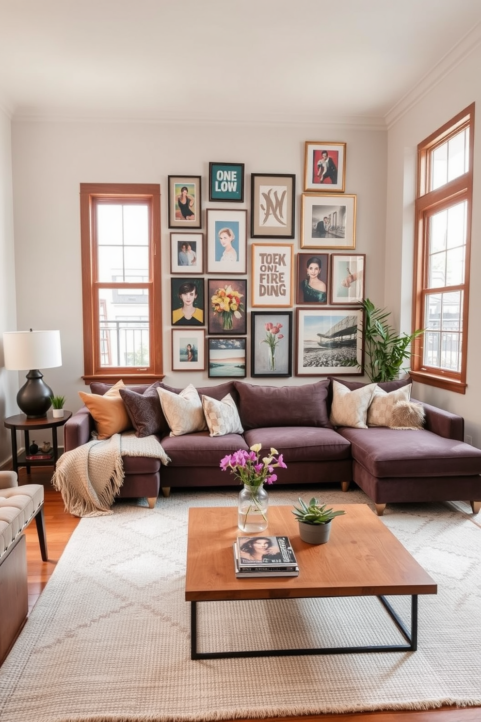 A gallery wall adorned with personal artwork creates a unique focal point in the room. The pieces vary in size and style, showcasing a blend of colors that reflect the homeowner's personality. The townhouse living room features a cozy seating arrangement with a plush sectional sofa and a stylish coffee table. Large windows allow natural light to flood the space, highlighting the warm wood tones and soft textiles throughout.