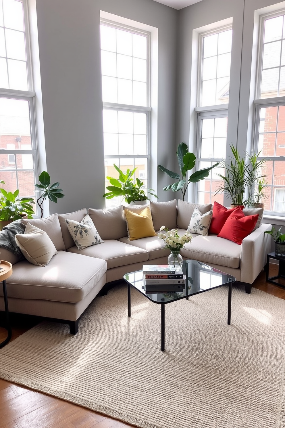 A stylish townhouse living room featuring a cozy sectional sofa in a neutral tone, accented with colorful throw pillows. Large windows allow natural light to flood the space, complemented by indoor plants placed strategically around the room for a touch of freshness. A sleek coffee table sits in the center, adorned with a few art books and a decorative tray. The walls are painted in a soft gray, and a textured area rug anchors the seating area, creating a warm and inviting atmosphere.