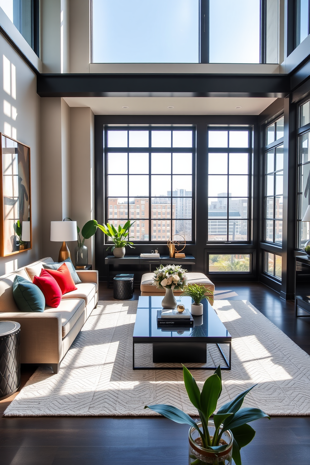 A stylish townhouse living room with large windows allowing natural light to flood the space. The room features a plush sectional sofa in a neutral tone, complemented by colorful accent pillows and a sleek coffee table in the center. On one wall, an oversized mirror reflects the light and creates a sense of depth. The decor includes a mix of modern art pieces and greenery, adding vibrancy to the elegant atmosphere.