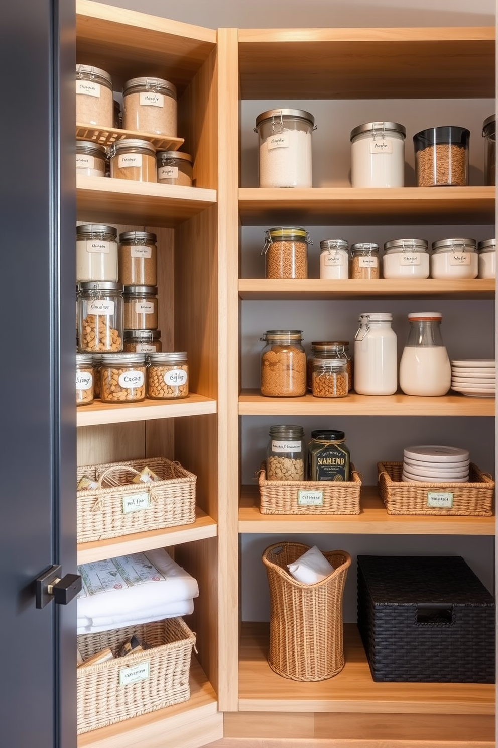 A modern townhouse pantry featuring open shelving for easy access to kitchen essentials. The shelves are made of natural wood and are neatly organized with labeled jars and baskets for a clean look.