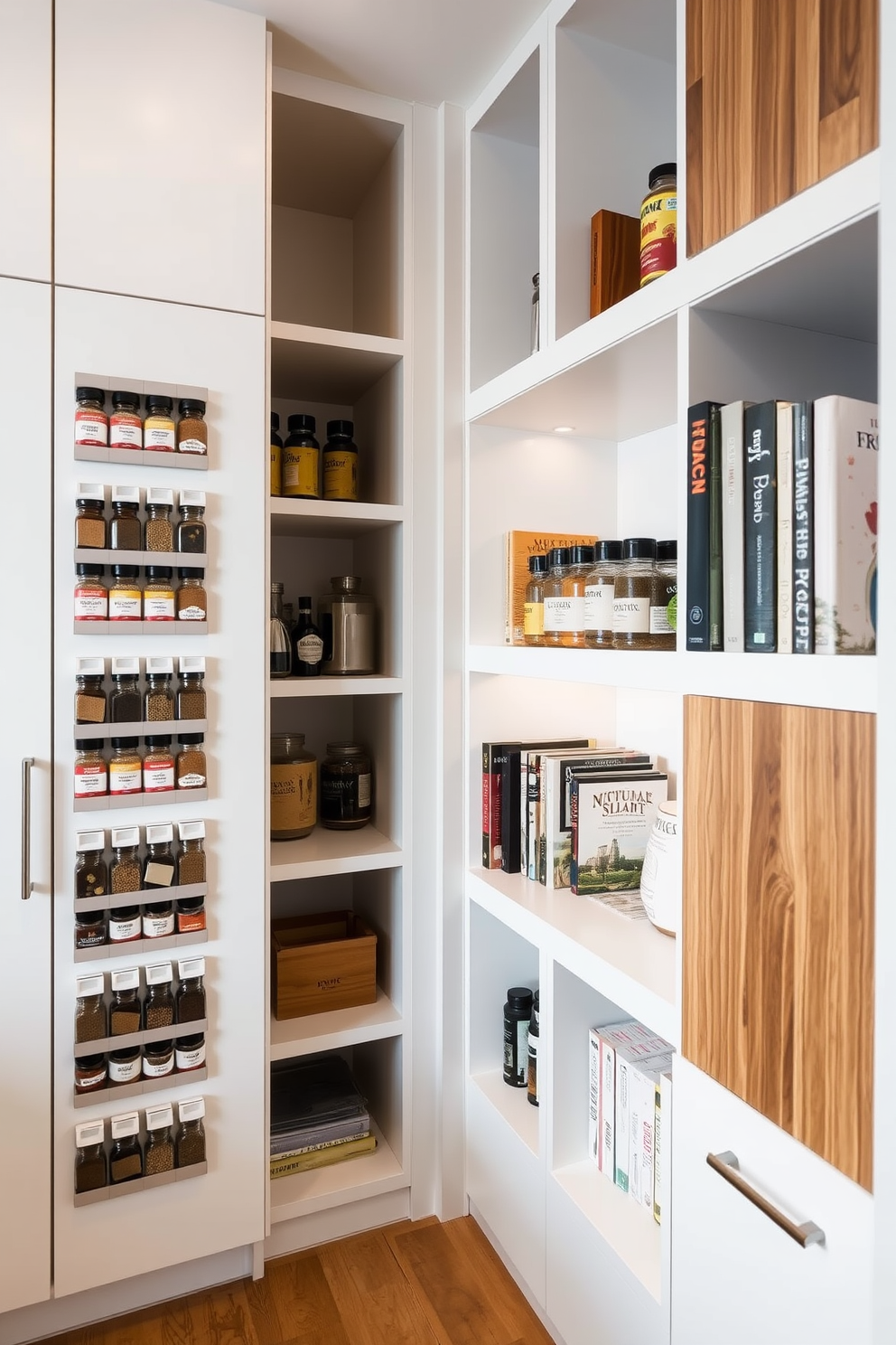 A modern townhouse pantry featuring magnetic strips for spice storage. The walls are lined with sleek, white cabinetry, and the magnetic strips are mounted on the side for easy access to spices. The pantry includes open shelving to display jars and cookbooks, complemented by warm wooden accents. Soft lighting illuminates the space, creating an inviting atmosphere for culinary creativity.