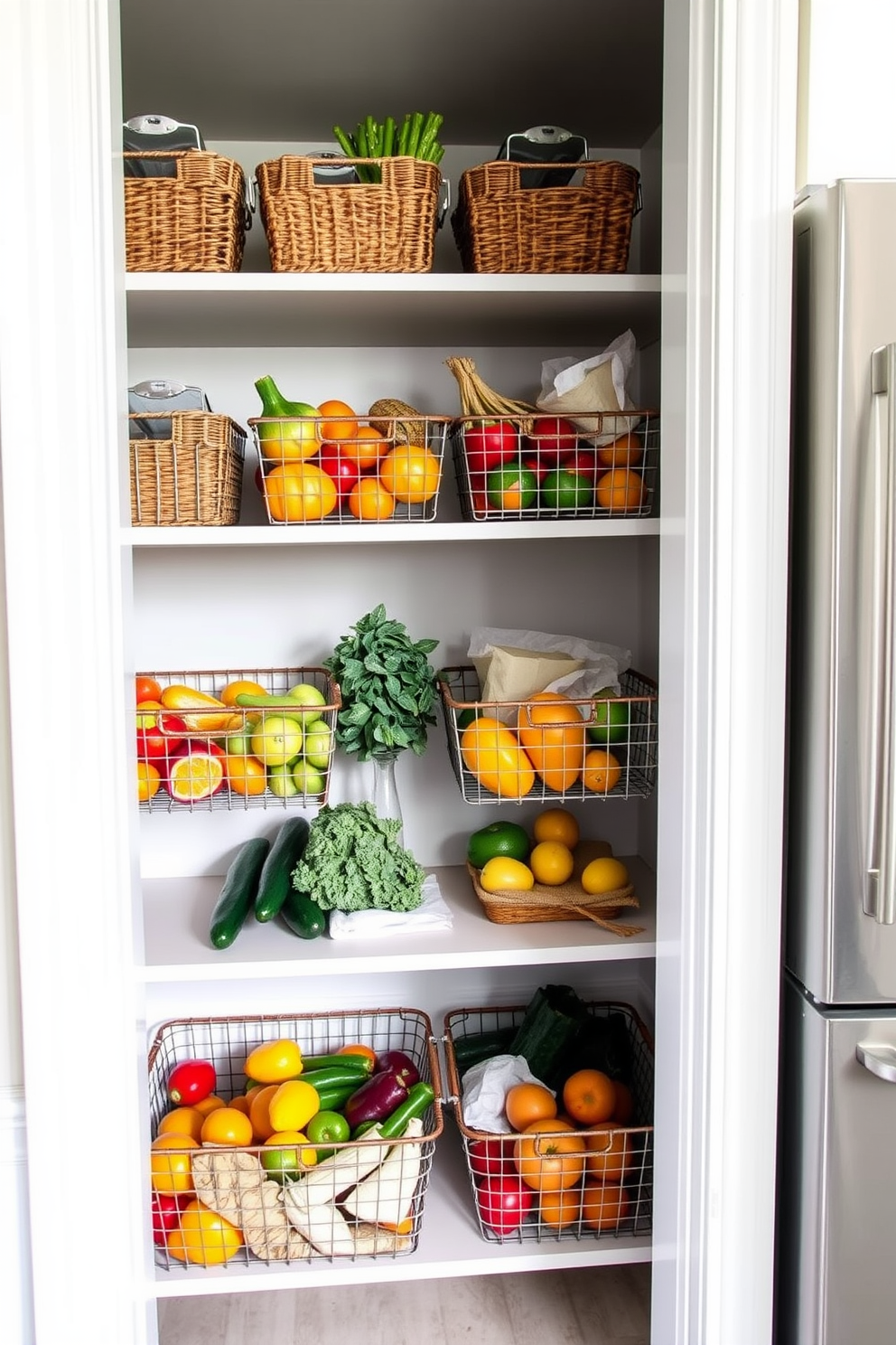 A modern townhouse pantry featuring wire baskets filled with fresh produce. The space is designed with open shelving and a neutral color palette, creating an inviting and functional area.