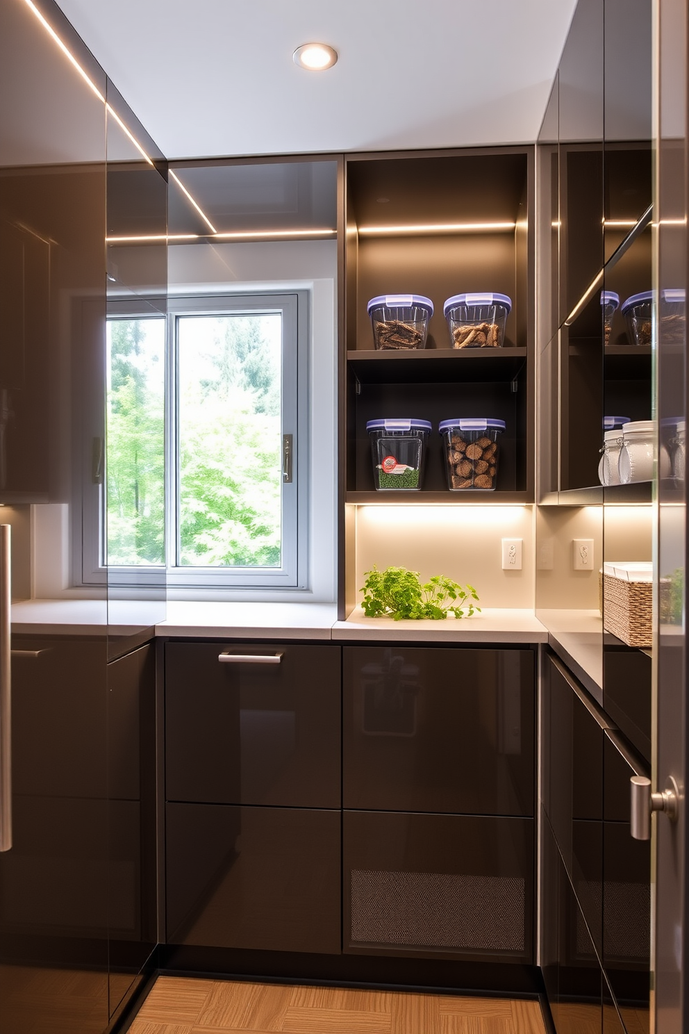 A modern townhouse pantry featuring sleek cabinetry with a high-gloss finish and integrated LED strip lighting for ambiance. The shelves are organized with clear storage containers, and a small herb garden sits on the countertop near a window, allowing natural light to filter in.