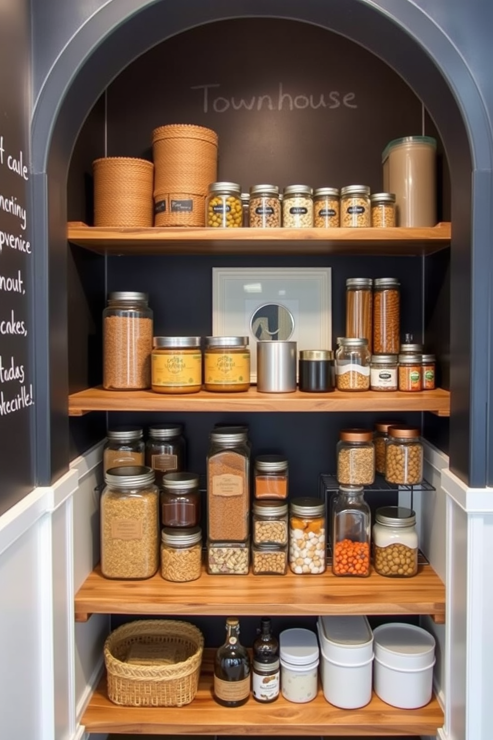 A stylish townhouse pantry featuring walls coated in chalkboard paint, providing a functional and creative space for labeling items. The pantry includes open shelving made of reclaimed wood, filled with neatly organized jars and containers for easy access.