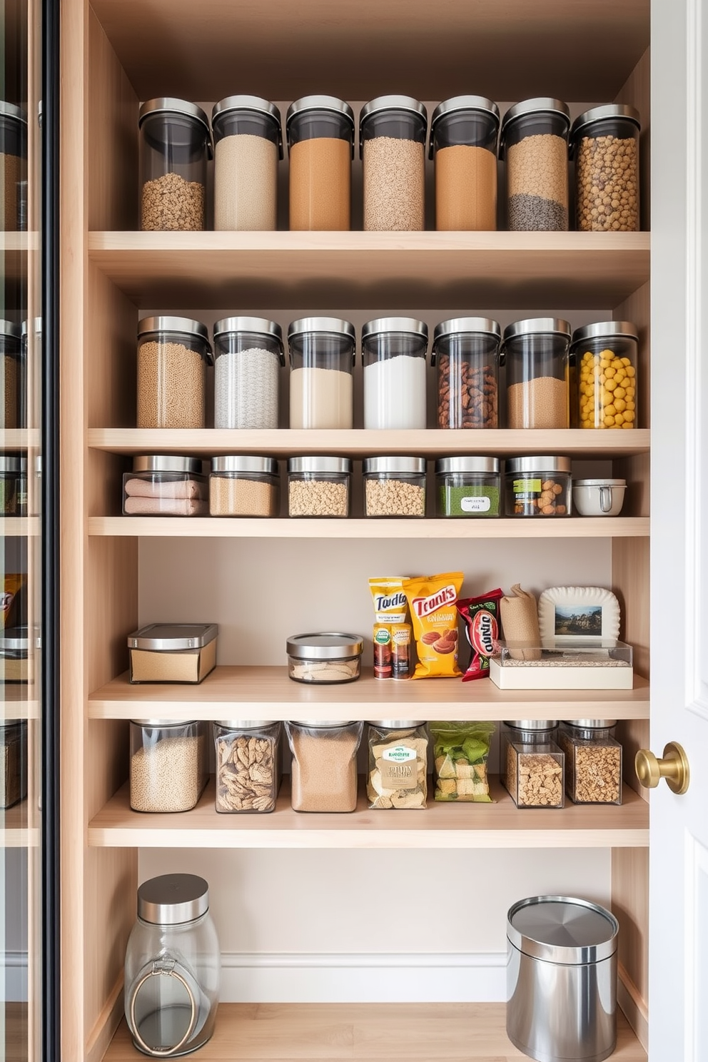 A stylish townhouse pantry features multi-tiered shelves that maximize vertical space while providing easy access to all items. The shelves are made of light wood and are organized with clear containers for grains, spices, and snacks, creating a clean and functional aesthetic.