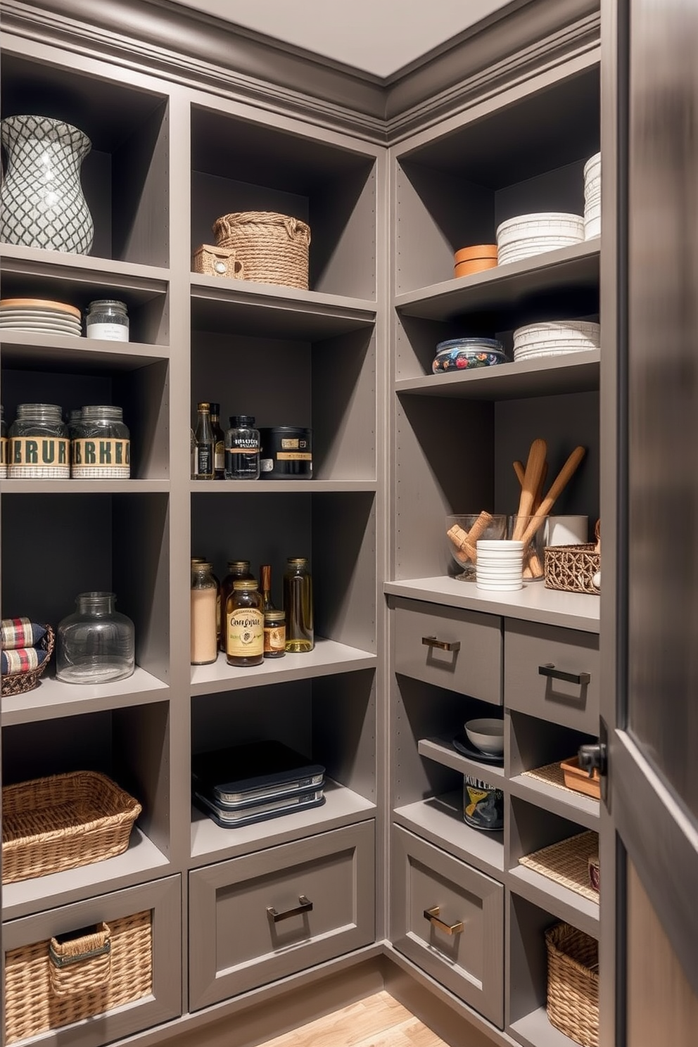 Corner shelves for unused spaces. These shelves are designed to maximize storage while adding a decorative touch to the room. Townhouse pantry design ideas. The pantry features custom cabinetry with pull-out drawers and open shelving for easy access to ingredients and kitchenware.