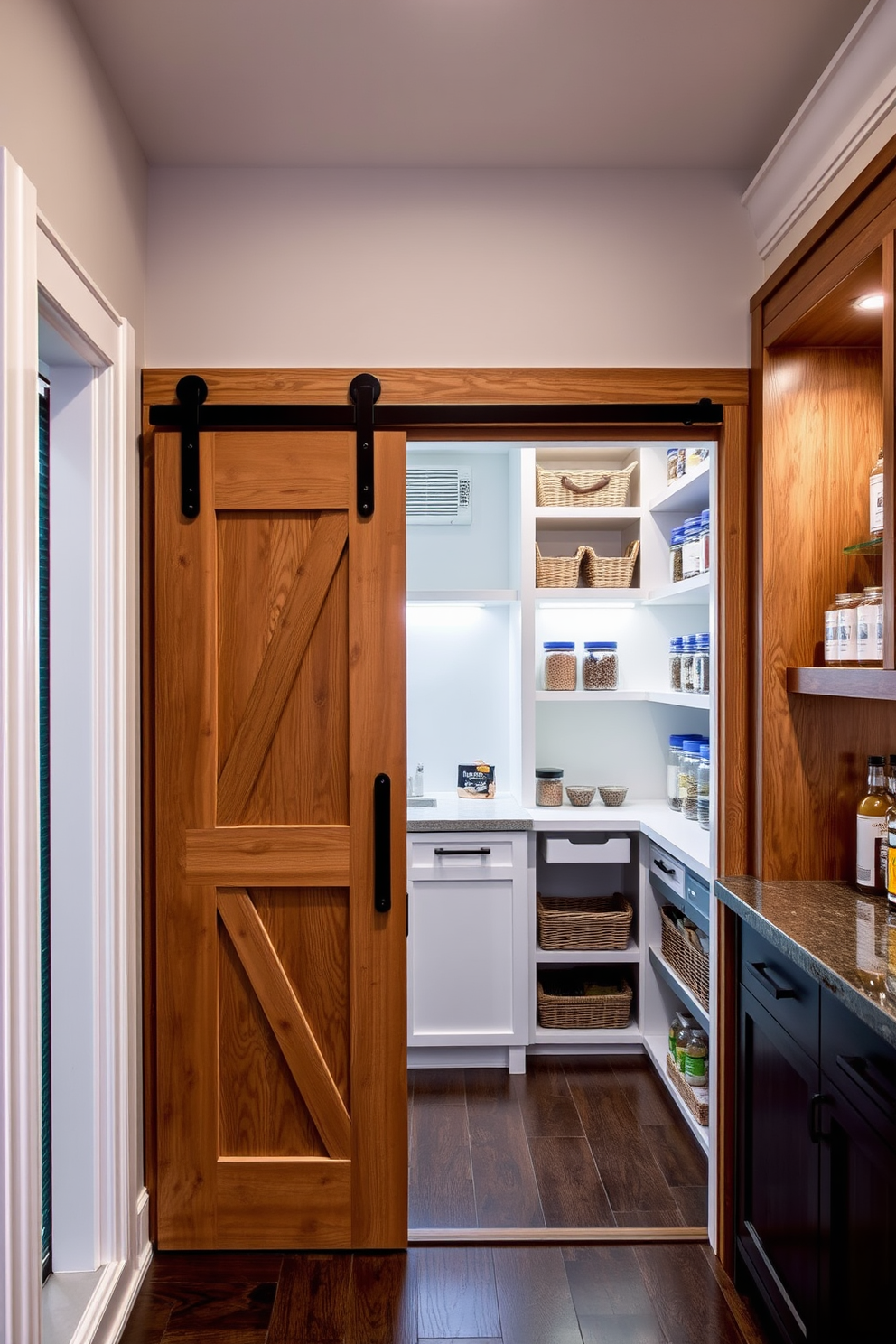 Sliding barn doors create a stylish entryway that combines rustic charm with modern elegance. The doors are made of reclaimed wood with a natural finish, featuring black metal hardware that adds a contemporary touch. The townhouse pantry is designed with open shelving and custom cabinetry for maximum storage. Soft LED lighting illuminates the space, highlighting the organized jars and baskets that display a curated selection of ingredients.