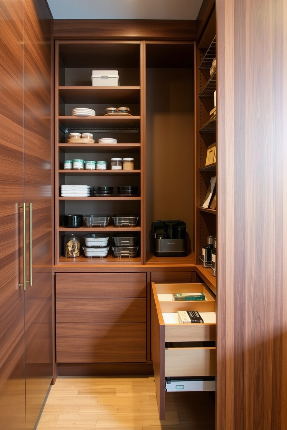 Custom cabinetry designed for personalized storage features sleek lines and a blend of wood finishes to create a warm and inviting atmosphere. The pantry showcases innovative shelving solutions and pull-out drawers, maximizing space while maintaining an organized and stylish look.