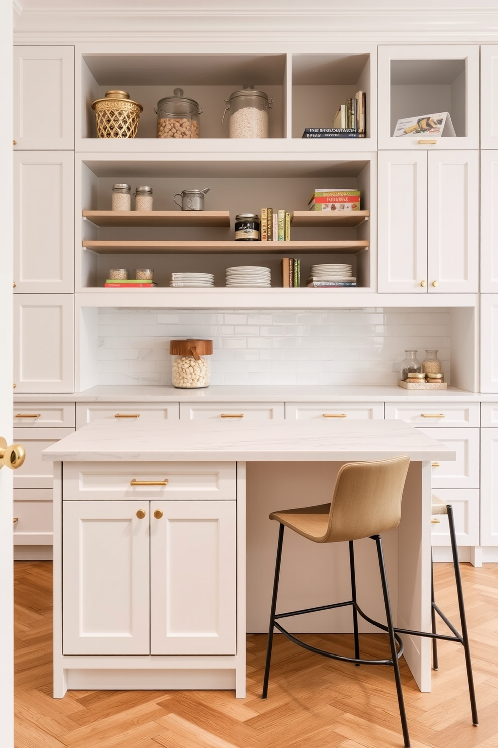 A stylish pantry island designed for additional workspace. The island features a sleek quartz countertop with ample storage space underneath and stylish bar stools on one side. The cabinetry is painted in a soft white, complemented by brushed brass hardware. Open shelving above the island displays decorative jars and cookbooks, enhancing the inviting atmosphere of the townhouse pantry.