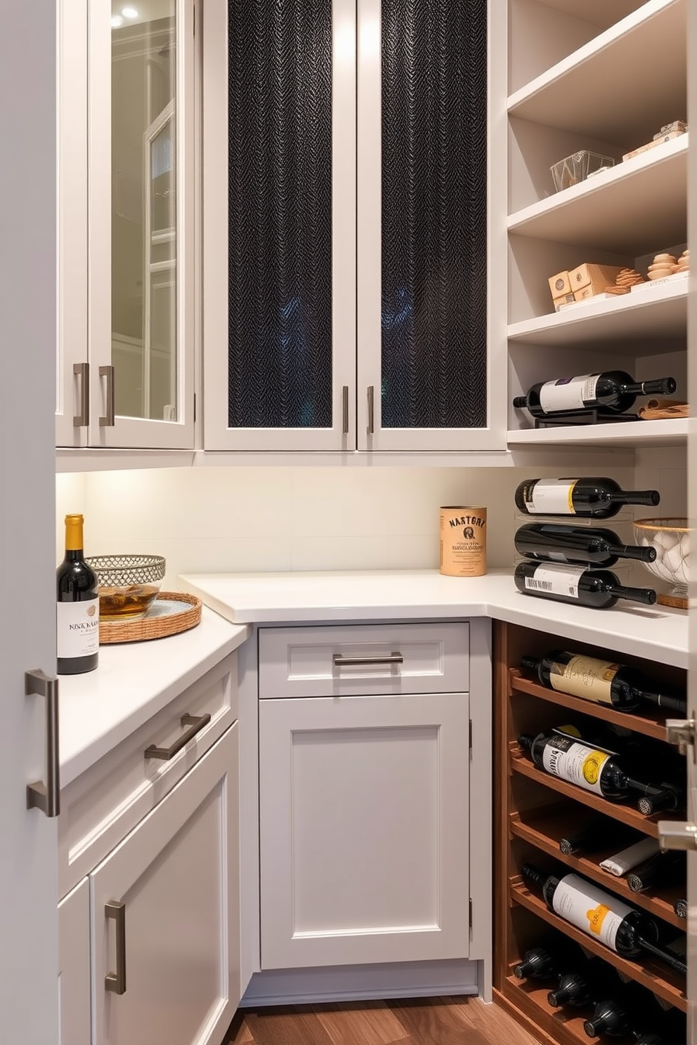 A stylish townhouse pantry featuring integrated wine racks that enhance elegance and functionality. The design includes custom cabinetry with sleek finishes and ample storage space for pantry essentials.