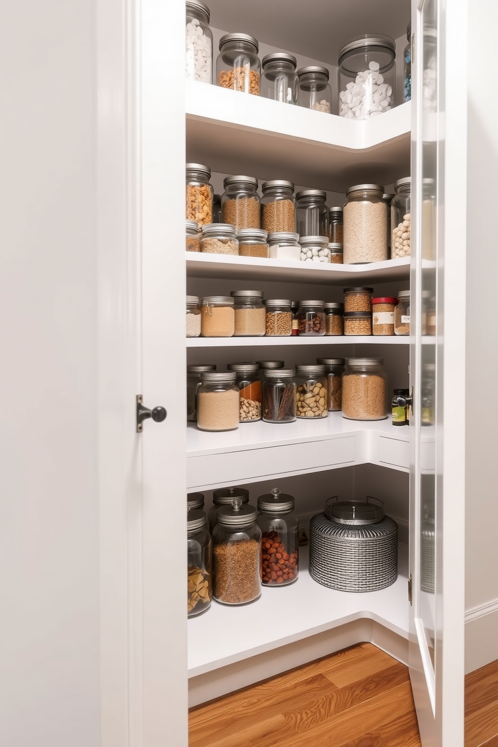 A modern townhouse pantry featuring clear glass jars neatly arranged on open shelves for easy visibility. The walls are painted in a soft white, and the floor is a warm wood, creating an inviting and organized space.