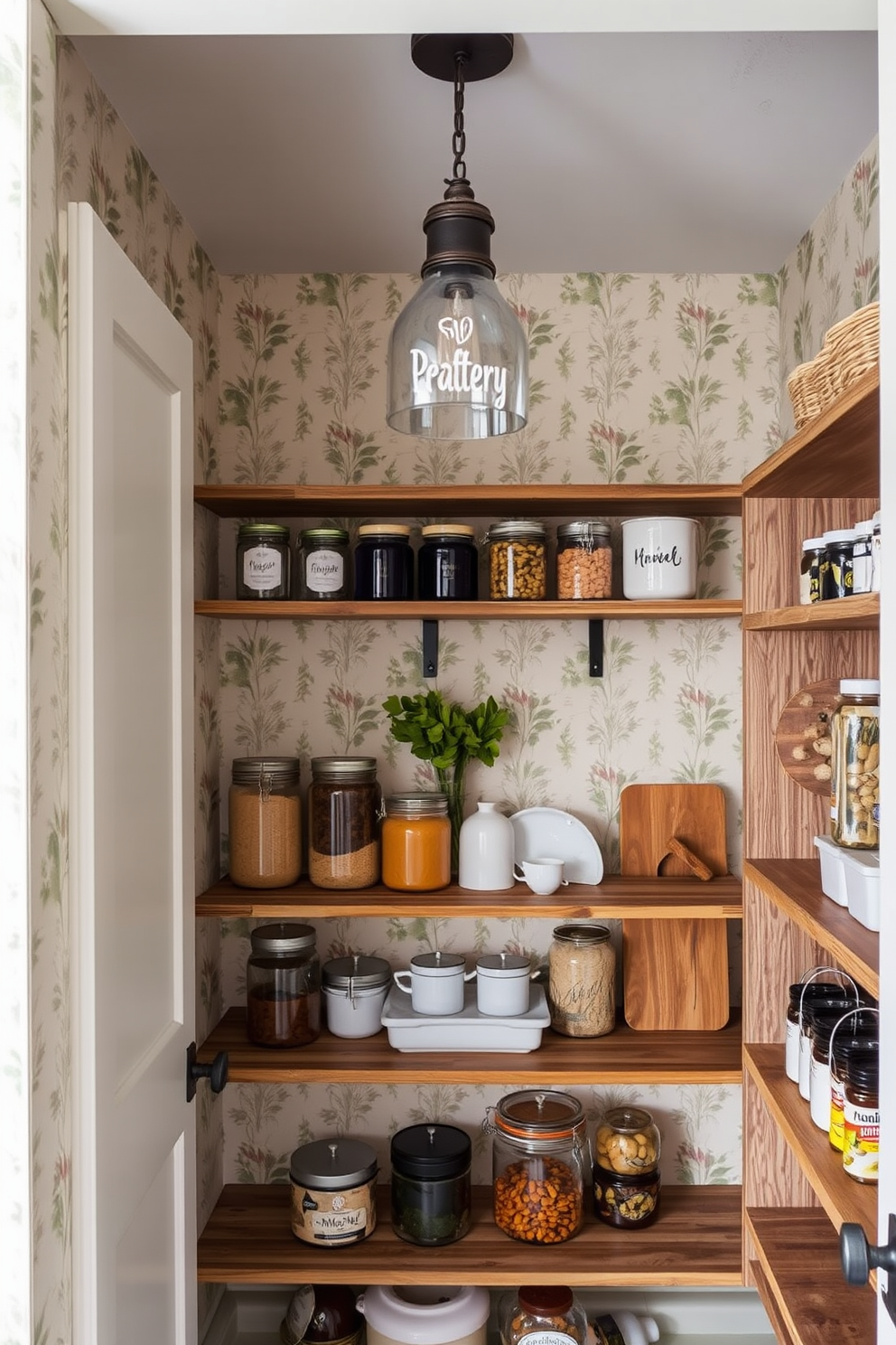 A stylish pantry featuring decorative wallpaper that adds visual interest to the space. The wallpaper showcases a subtle floral pattern in soft pastel colors, creating a warm and inviting atmosphere. The pantry is designed with open shelving made of reclaimed wood, displaying neatly organized jars and kitchen essentials. A vintage-style light fixture hangs from the ceiling, casting a warm glow over the charming arrangement.