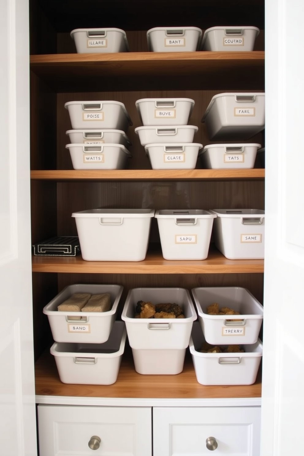 A stylish townhouse pantry featuring stackable bins for efficient organization. The bins are arranged neatly on wooden shelves, with labels for easy identification, creating a clean and functional space.