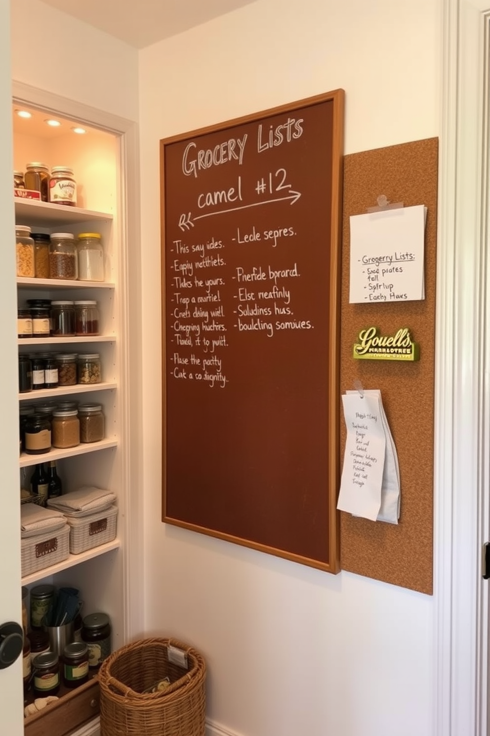 A cozy townhouse pantry featuring a large corkboard mounted on the wall for grocery lists and notes. The pantry is illuminated by warm lighting, with shelves filled with neatly organized jars and baskets for easy access to ingredients.