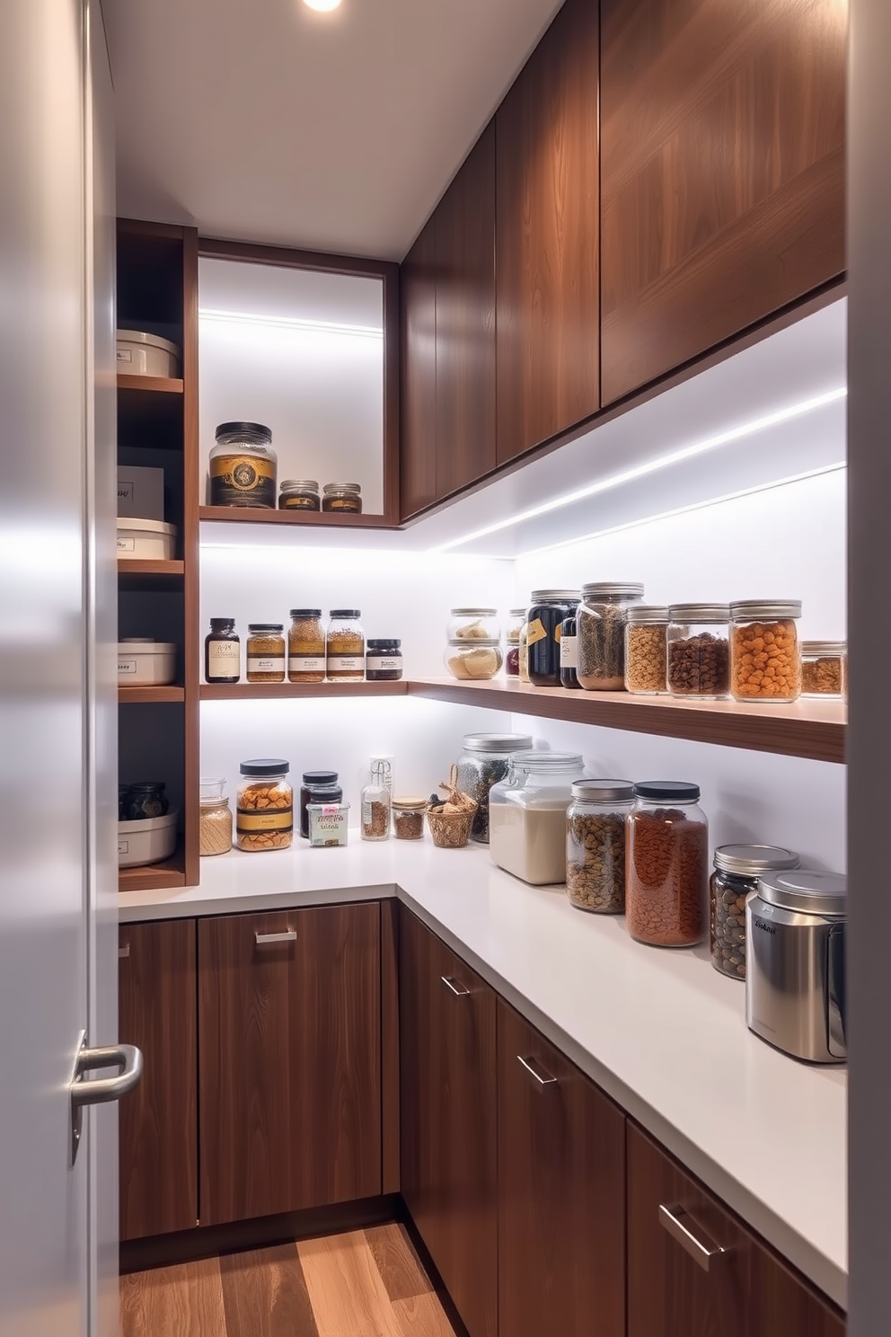 A modern townhouse pantry featuring under-shelf lighting that enhances visibility and creates a warm ambiance. The shelves are lined with neatly organized jars and containers, and the light casts a soft glow on the beautiful wood finishes.