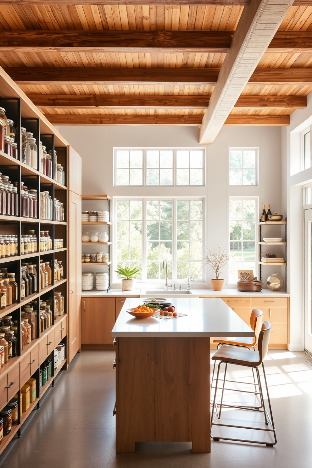 An open concept pantry featuring a bright and airy atmosphere. The shelves are lined with neatly organized jars and containers, showcasing a variety of colorful ingredients. Natural light floods the space through large windows, enhancing the spacious feel. A central island with bar stools provides a perfect spot for casual dining or meal prep.