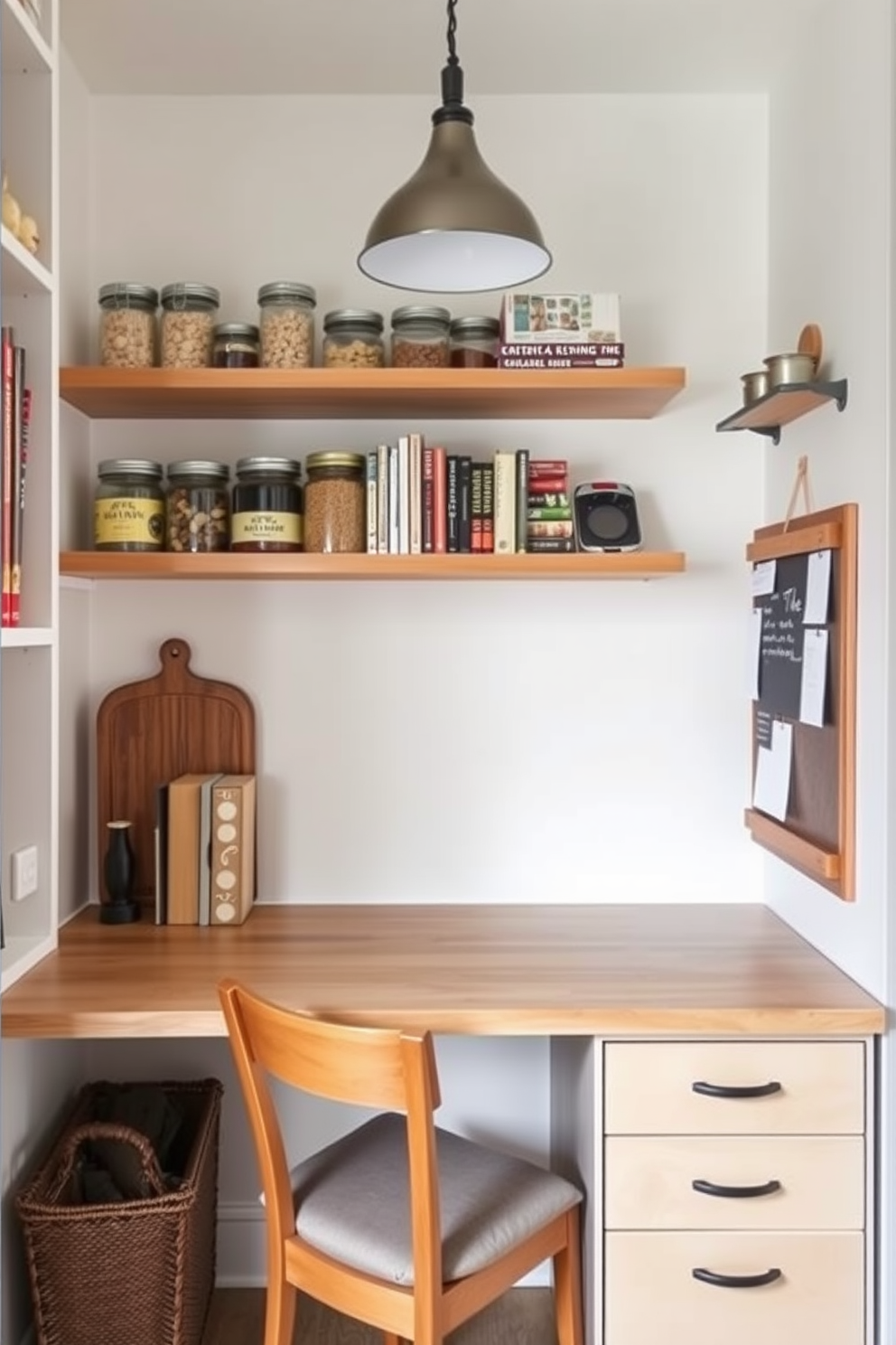 A cozy pantry desk area designed for meal planning features a sleek wooden desk with ample workspace. Above the desk, open shelving displays neatly organized jars and cookbooks, while a small bulletin board hangs nearby for notes and recipes. The walls are painted in a soft white hue, creating a bright and inviting atmosphere. A comfortable chair with a cushioned seat is positioned at the desk, and a stylish pendant light illuminates the space.