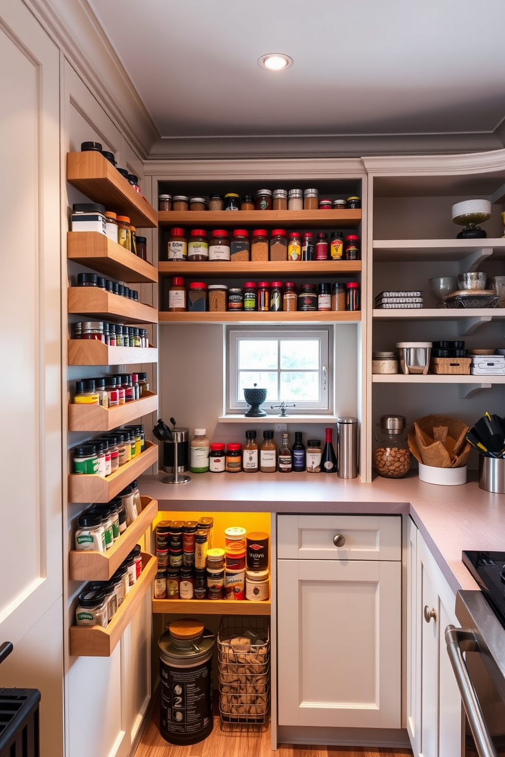 A stylish townhouse pantry featuring tiered spice racks that allow for easy access to all spices and seasonings. The racks are crafted from natural wood, beautifully arranged against a backdrop of light-colored cabinetry and open shelving for additional storage. The pantry includes a cozy nook with a small window, providing natural light and a view of the garden. Soft, warm lighting illuminates the space, enhancing the inviting atmosphere while highlighting the organized spice collection.