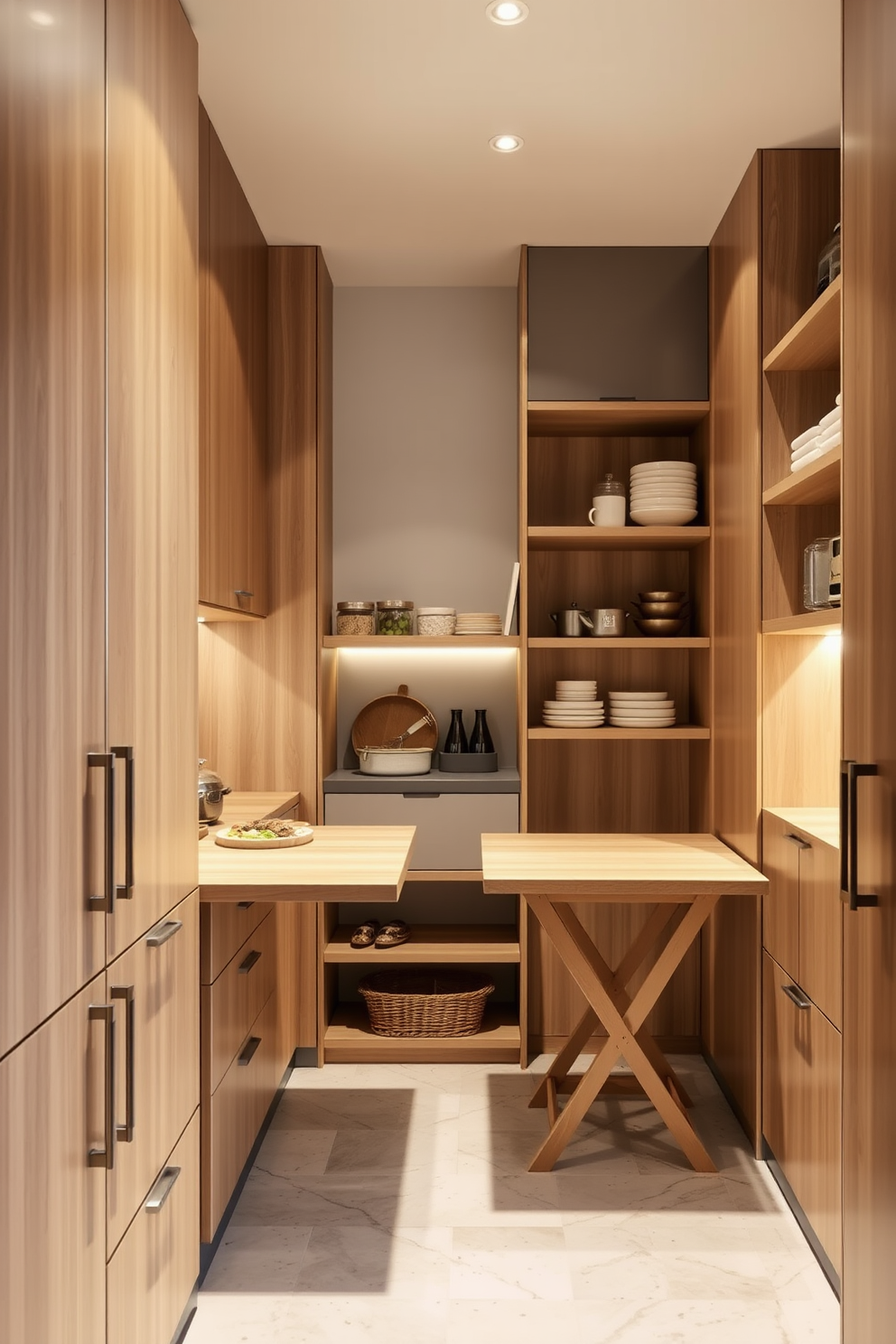 A modern townhouse pantry featuring foldable tables that provide extra prep space. The design includes sleek cabinetry in a light wood finish and open shelving for easy access to essentials. The foldable tables are tucked neatly against the wall when not in use, creating a streamlined look. Bright, ambient lighting enhances the functionality and warmth of the space, making it inviting for meal preparation.