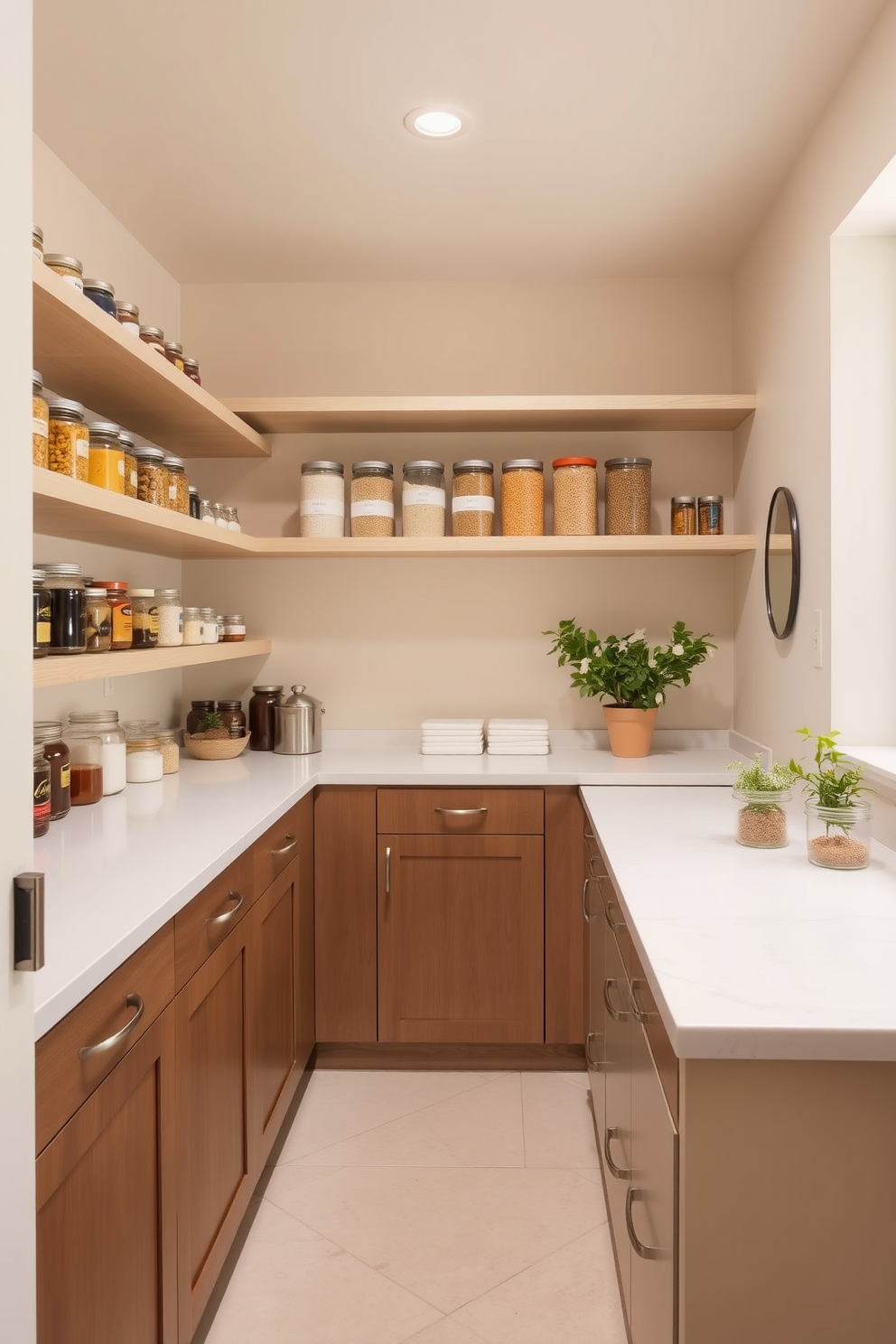 A serene pantry design featuring a neutral color palette that promotes a calming atmosphere. The walls are painted in soft beige, complemented by light wood shelving that displays neatly organized jars and containers. The countertops are made of white quartz, providing a clean and elegant surface for food preparation. Accents of greenery from small potted herbs add a touch of freshness to the space, enhancing the overall tranquility of the townhouse pantry.