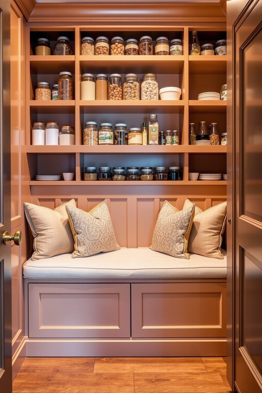 A stylish townhouse pantry features a built-in bench designed for both seating and storage. The bench is upholstered in a soft fabric, complemented by decorative throw pillows, providing a cozy nook for enjoying morning coffee. The pantry showcases open shelving above the bench, displaying an array of neatly organized jars and kitchen essentials. The cabinetry is painted in a warm, inviting color, while the flooring consists of classic hardwood, enhancing the overall aesthetic.